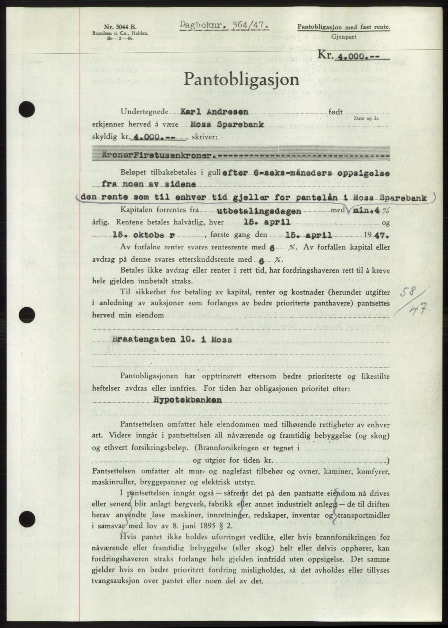 Moss sorenskriveri, SAO/A-10168: Pantebok nr. B16, 1946-1947, Dagboknr: 364/1947