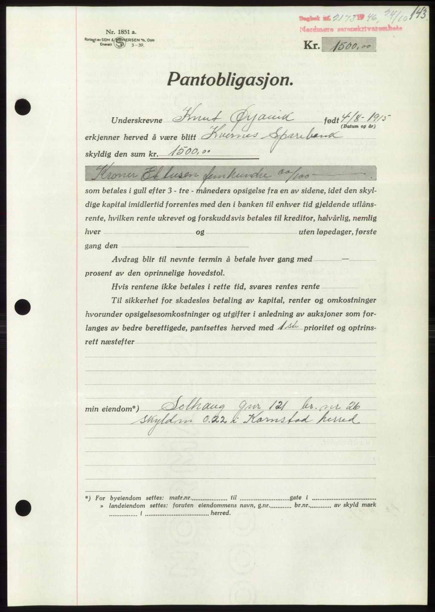 Nordmøre sorenskriveri, AV/SAT-A-4132/1/2/2Ca: Pantebok nr. B95, 1946-1947, Dagboknr: 2173/1946