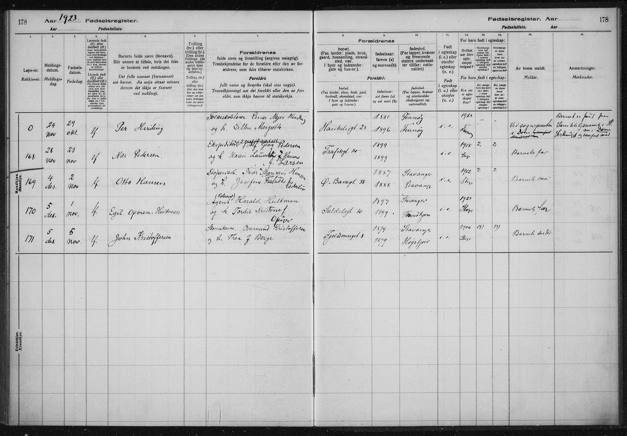 St. Johannes sokneprestkontor, AV/SAST-A-101814/002/A/L0002: Fødselsregister nr. 2, 1919-1924, s. 178