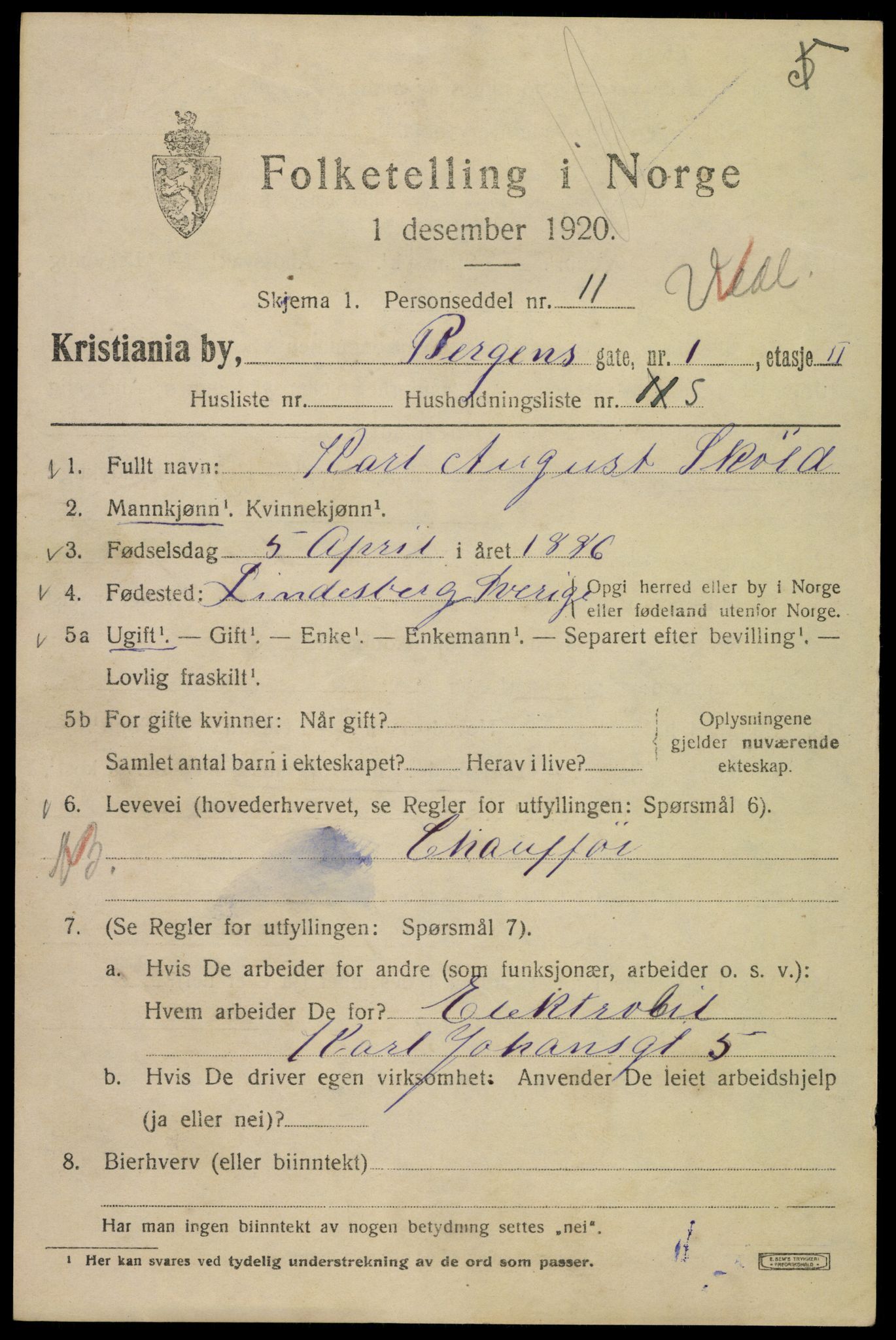 SAO, Folketelling 1920 for 0301 Kristiania kjøpstad, 1920, s. 152067
