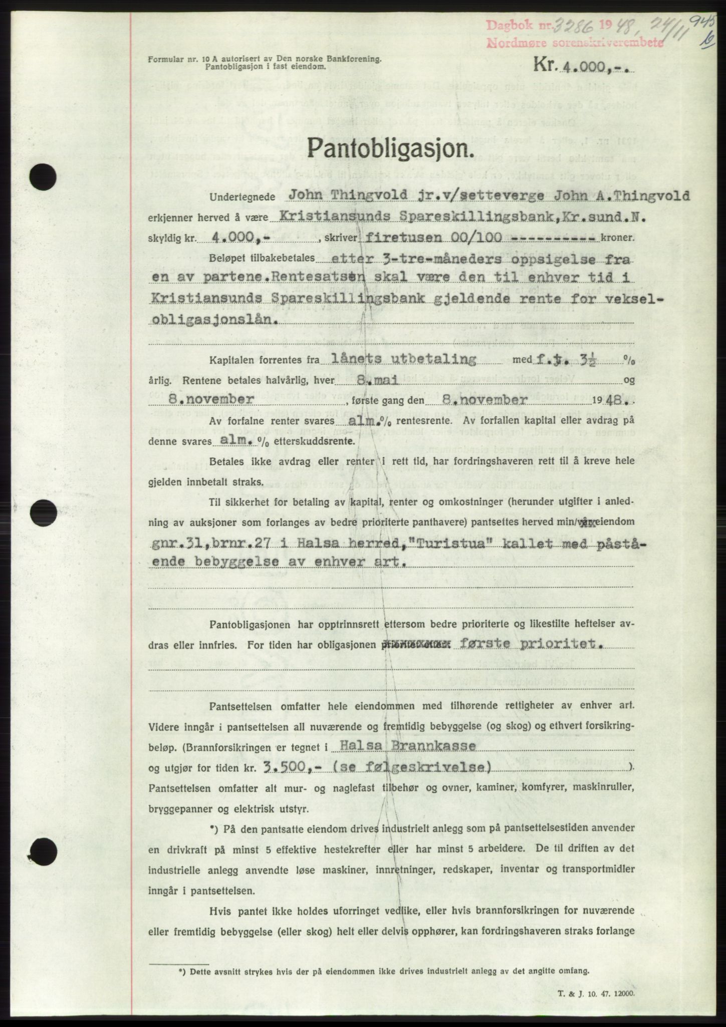 Nordmøre sorenskriveri, SAT/A-4132/1/2/2Ca: Pantebok nr. B100, 1948-1949, Dagboknr: 3286/1948