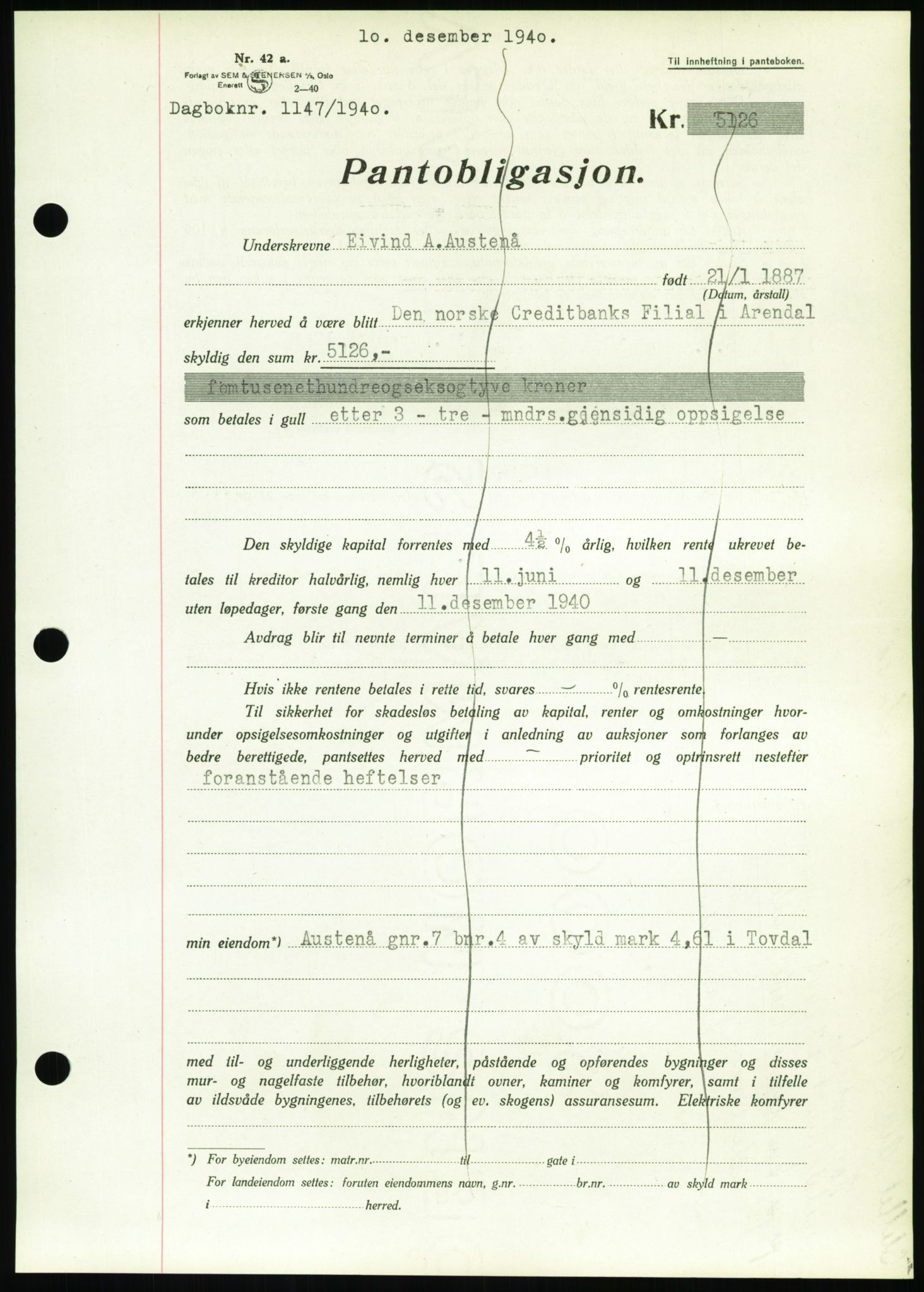Nedenes sorenskriveri, SAK/1221-0006/G/Gb/Gbb/L0001: Pantebok nr. I, 1939-1942, Dagboknr: 1147/1940