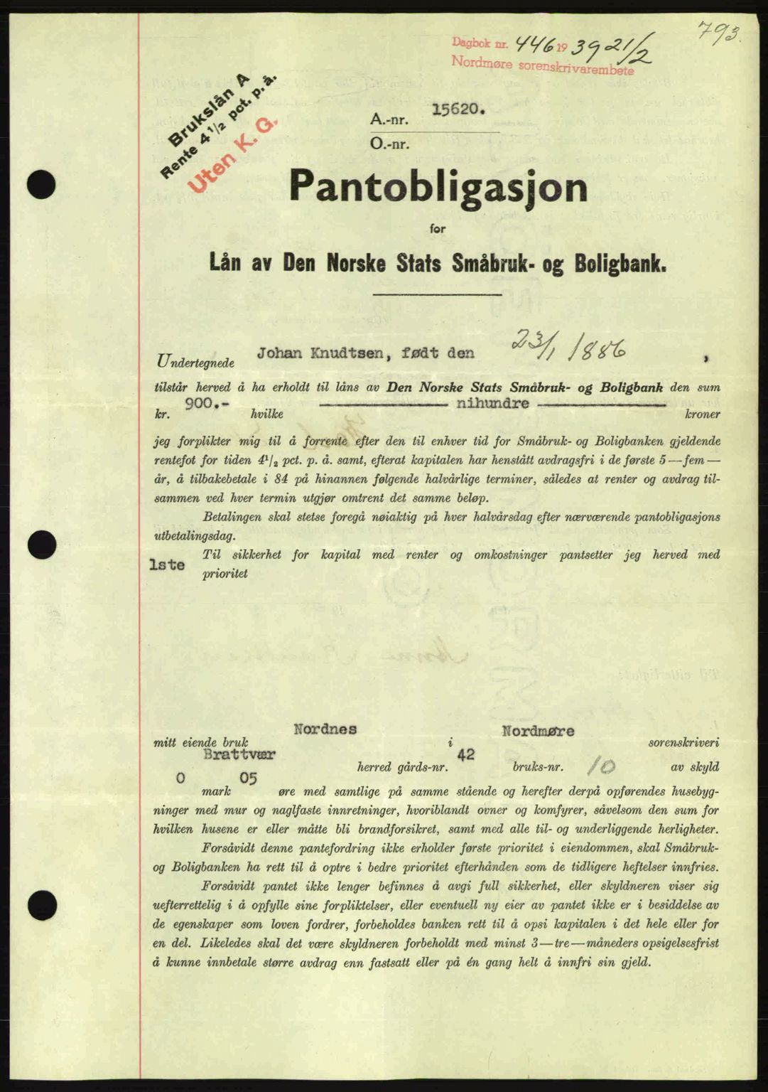 Nordmøre sorenskriveri, AV/SAT-A-4132/1/2/2Ca: Pantebok nr. B84, 1938-1939, Dagboknr: 446/1939