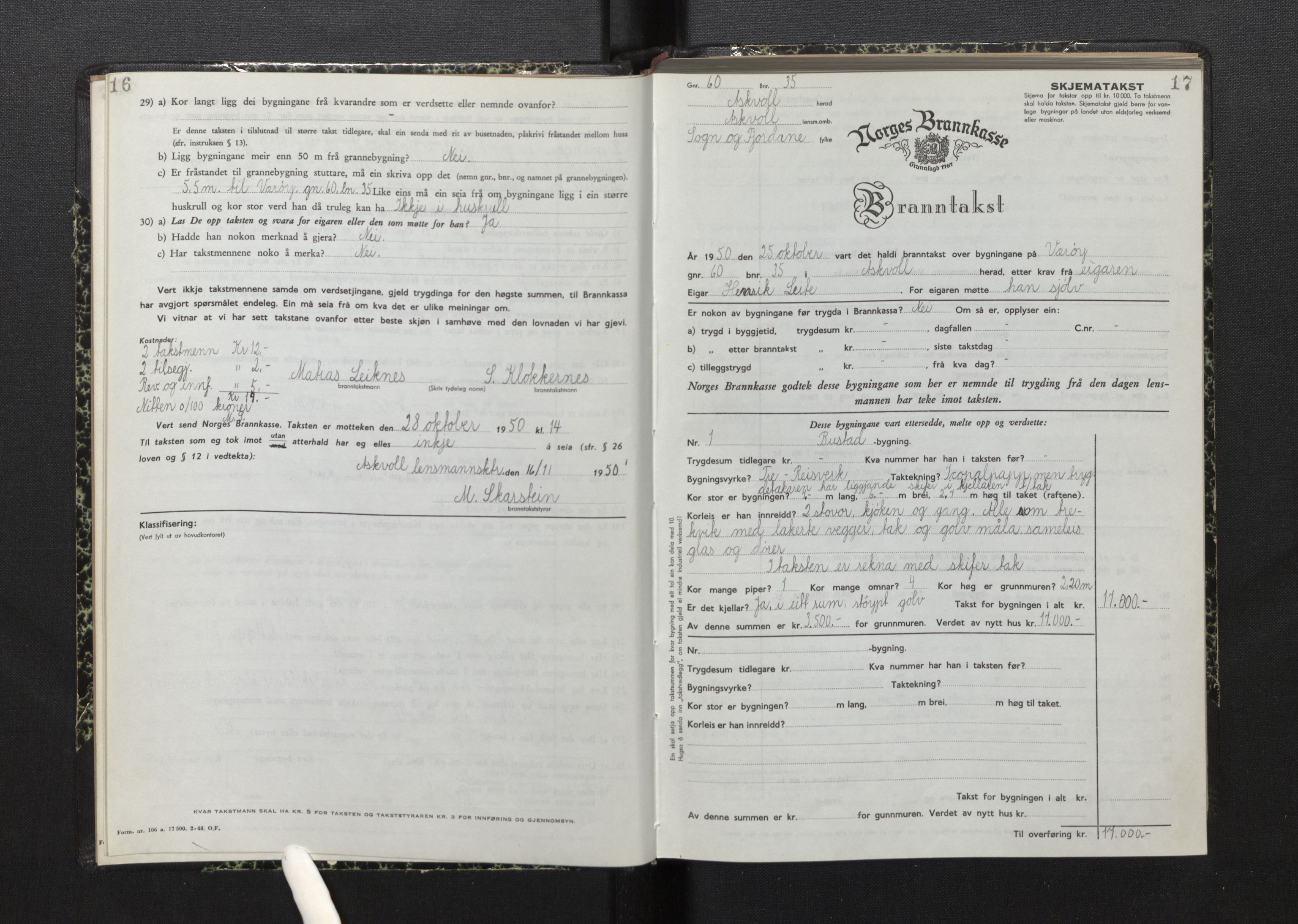 Lensmannen i Askvoll, AV/SAB-A-26301/0012/L0006: Branntakstprotokoll, skjematakst, 1950-1955, s. 16-17