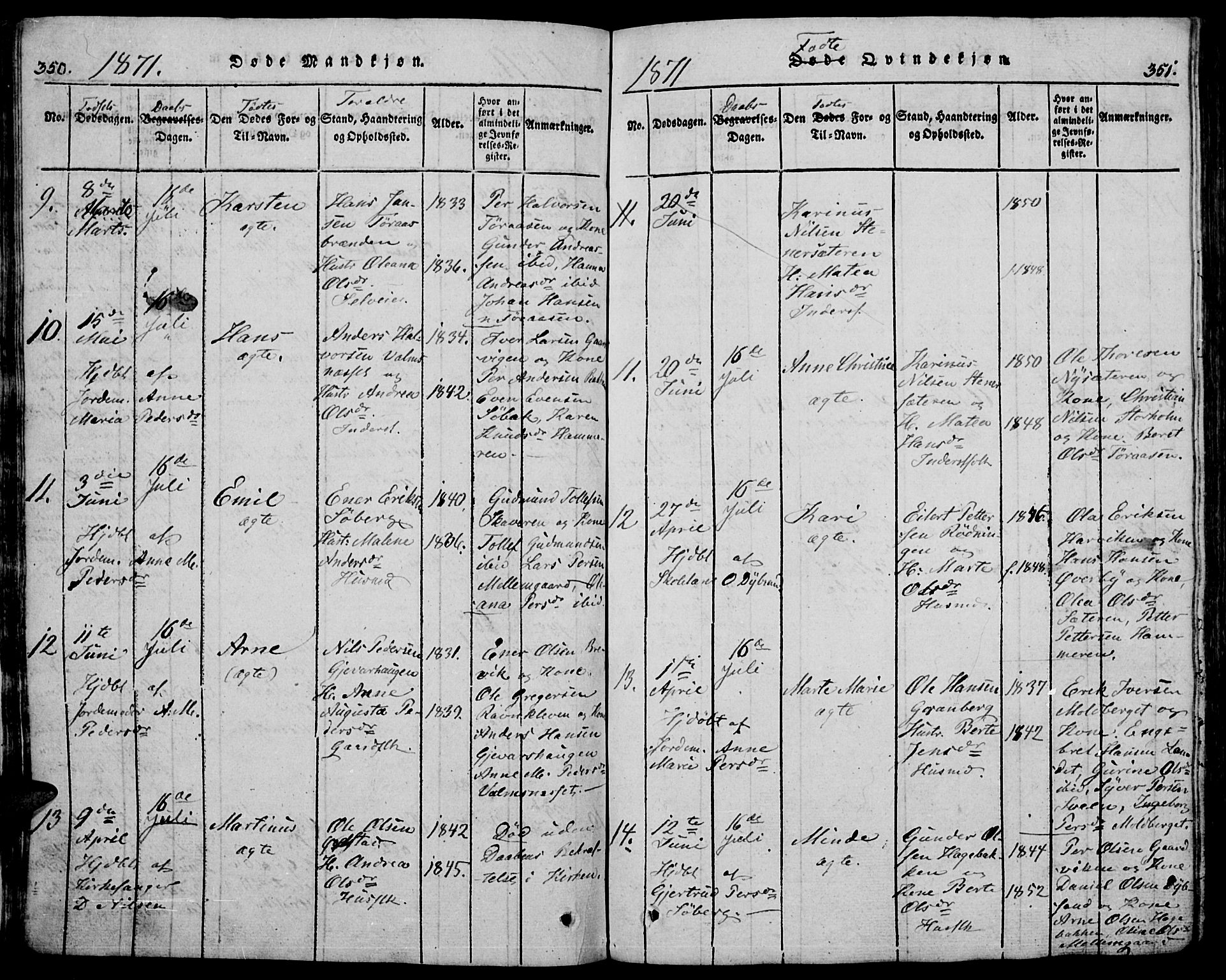 Trysil prestekontor, AV/SAH-PREST-046/H/Ha/Hab/L0005: Klokkerbok nr. 5, 1814-1877, s. 350-351