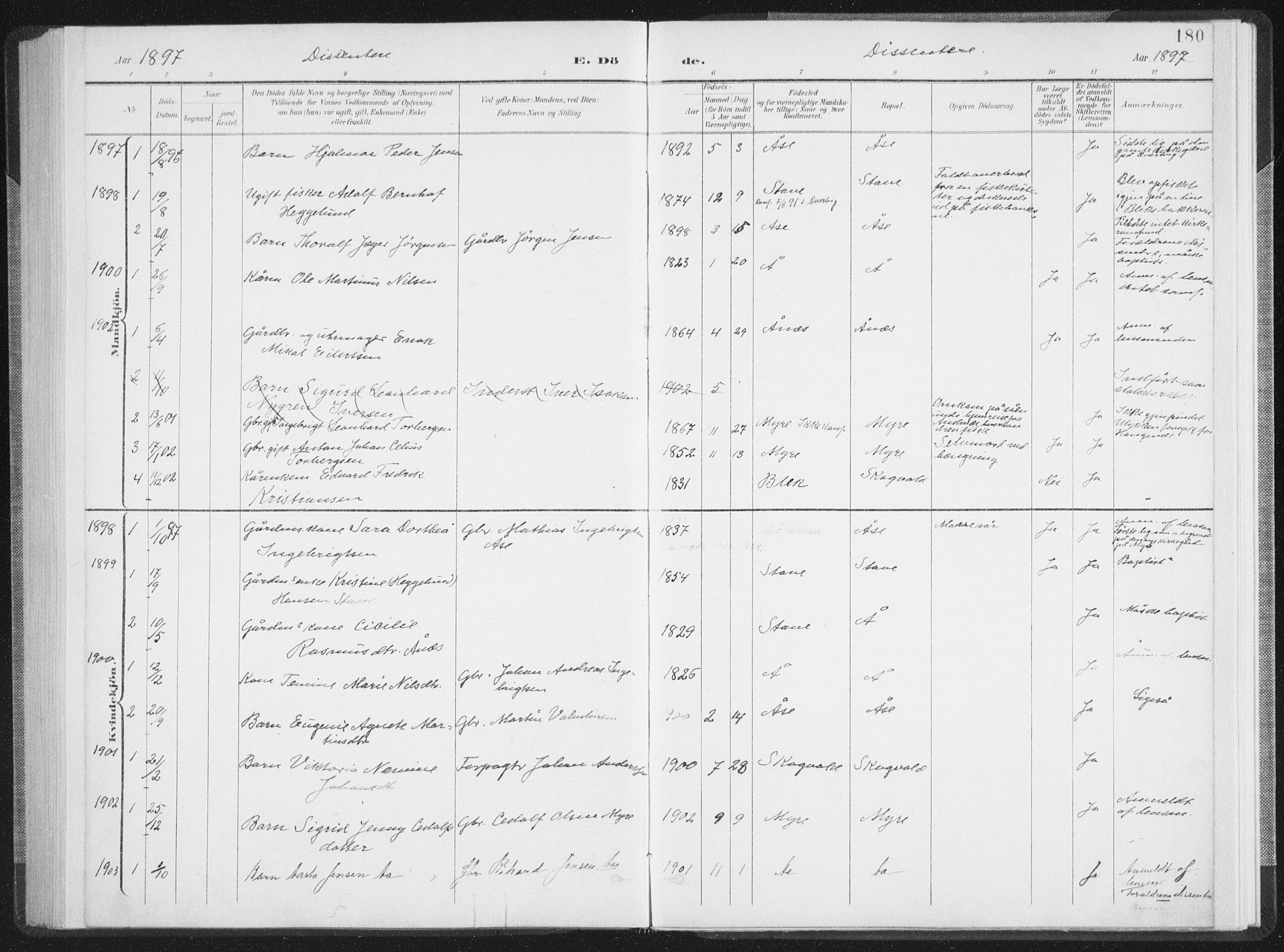 Ministerialprotokoller, klokkerbøker og fødselsregistre - Nordland, AV/SAT-A-1459/897/L1400: Ministerialbok nr. 897A07, 1897-1908, s. 180