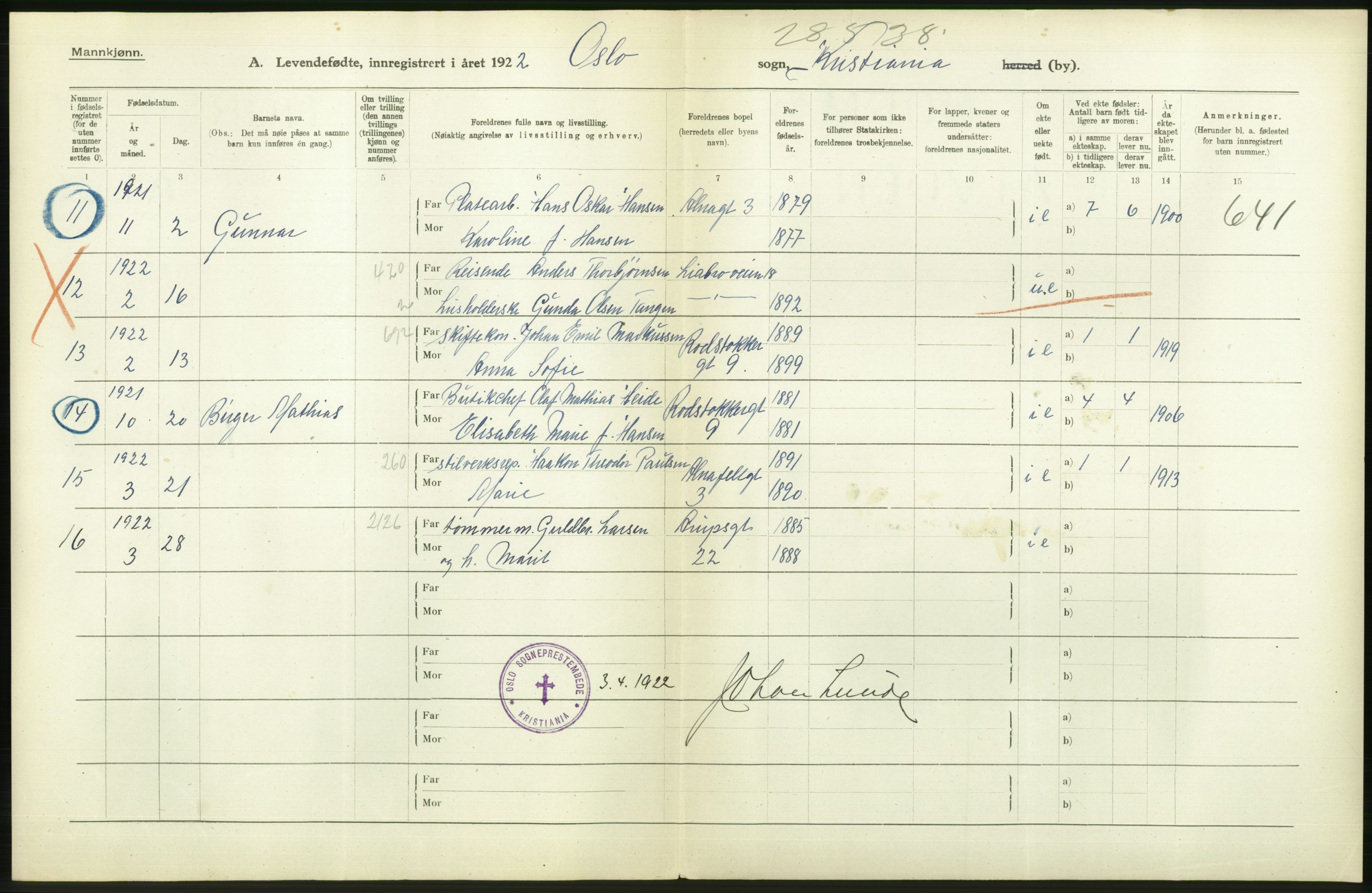 Statistisk sentralbyrå, Sosiodemografiske emner, Befolkning, AV/RA-S-2228/D/Df/Dfc/Dfcb/L0007: Kristiania: Levendefødte menn og kvinner., 1922, s. 6