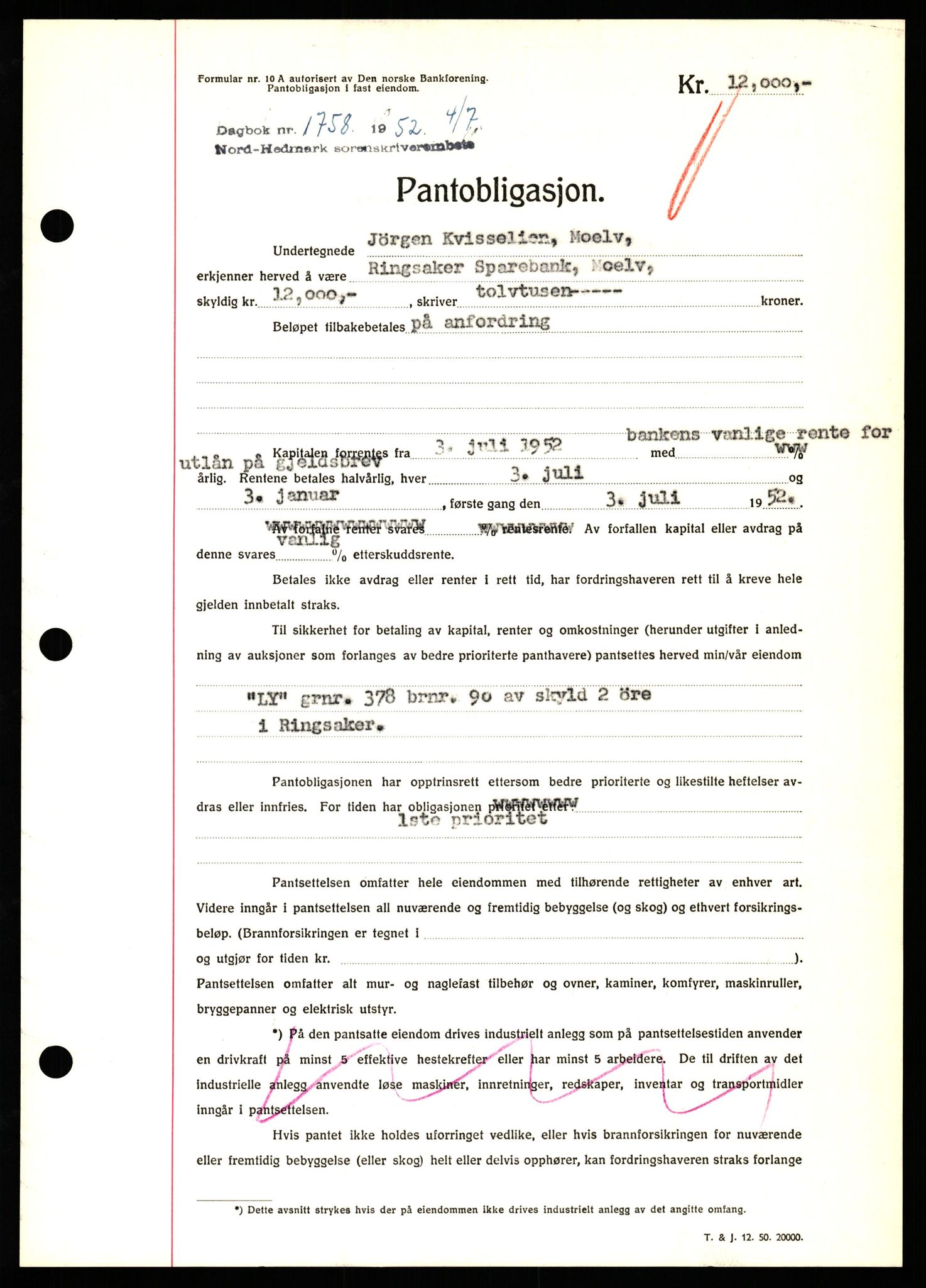 Nord-Hedmark sorenskriveri, SAH/TING-012/H/Hb/Hbf/L0025: Pantebok nr. B25, 1952-1952, Dagboknr: 1758/1952