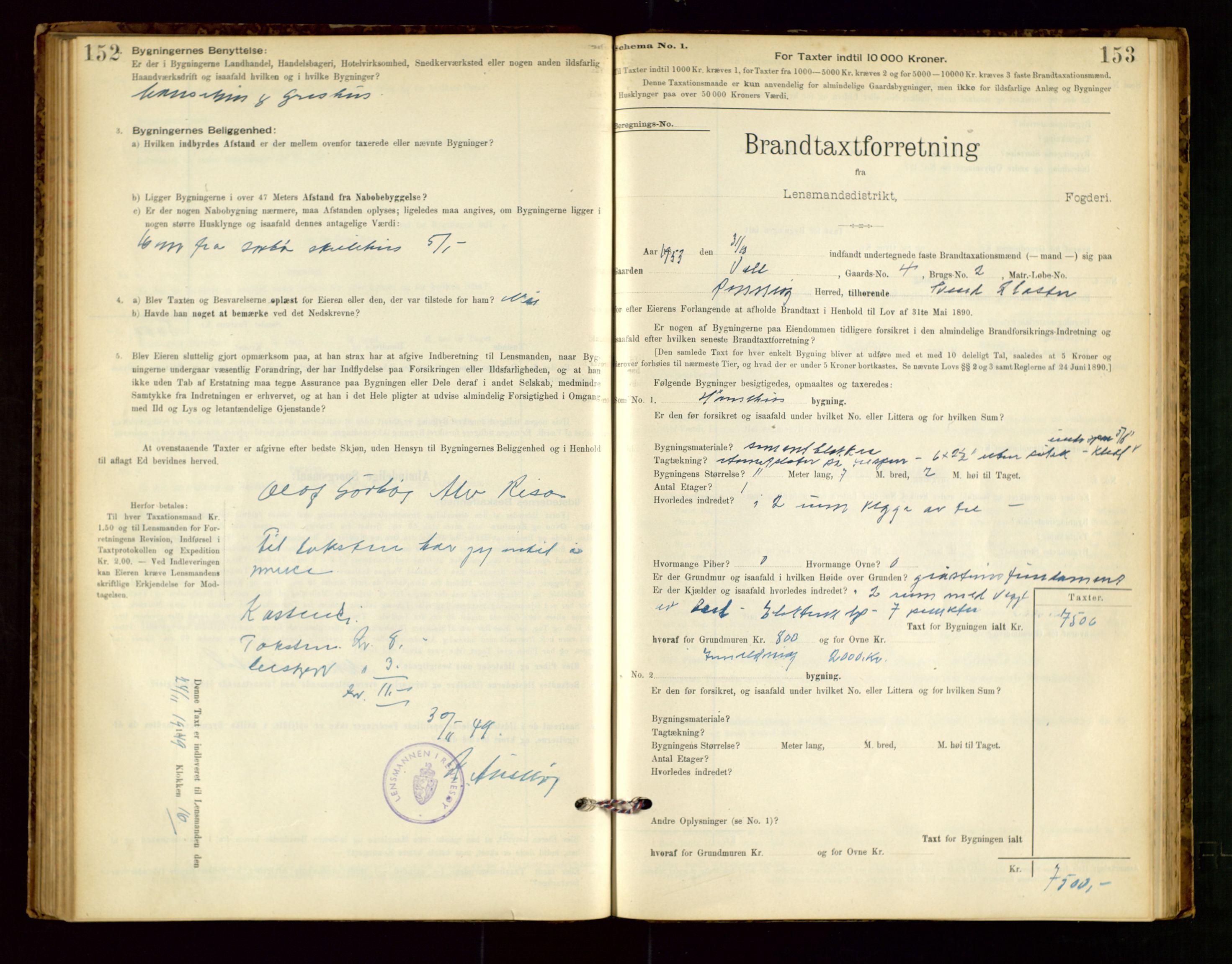 Rennesøy lensmannskontor, SAST/A-100165/Gob/L0001: Branntakstprotokoll - skjematakst, 1900-1956, s. 152-153
