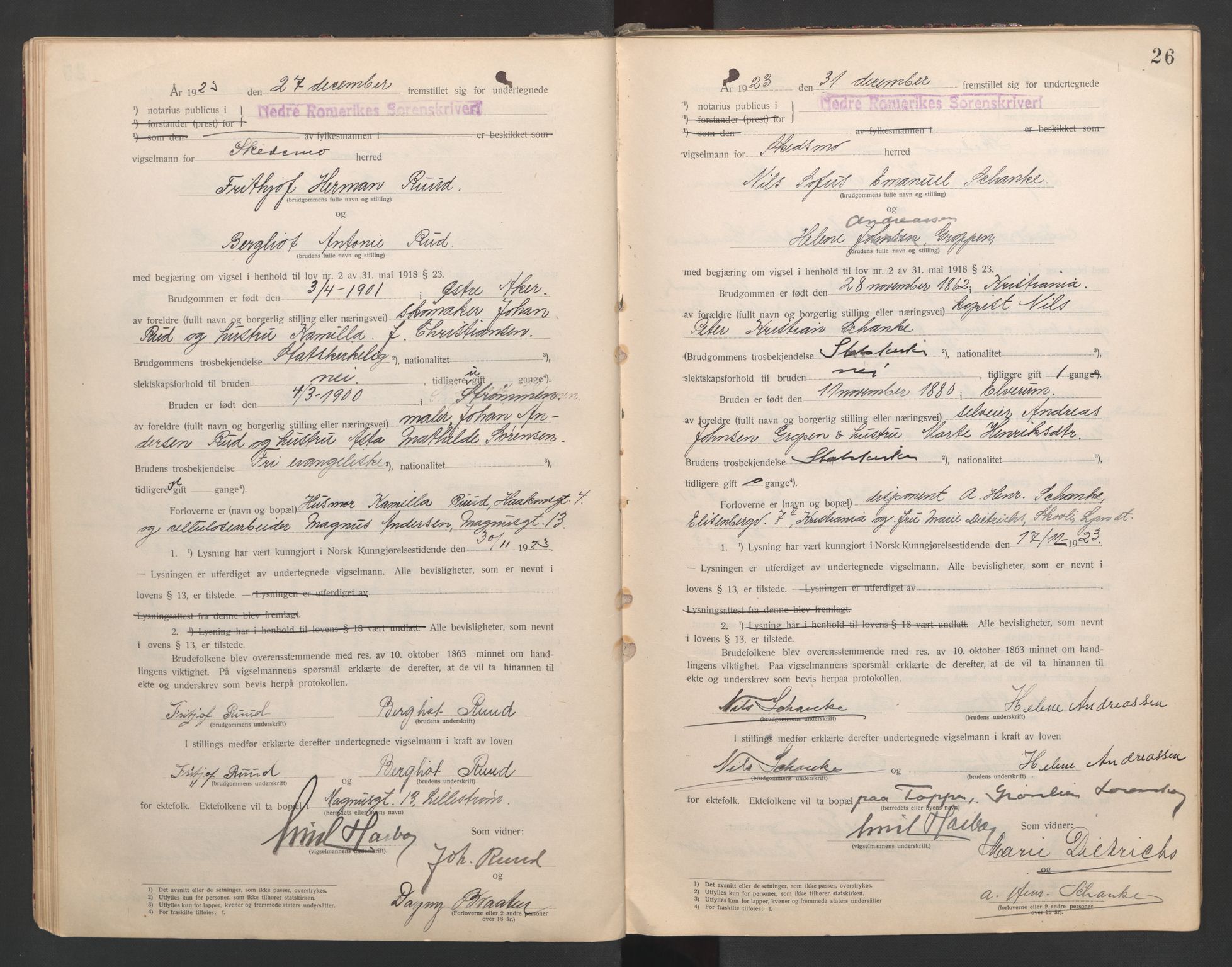 Nedre Romerike sorenskriveri, SAO/A-10469/L/Lb/L0001: Vigselsbok - borgerlige vielser, 1920-1935, s. 26