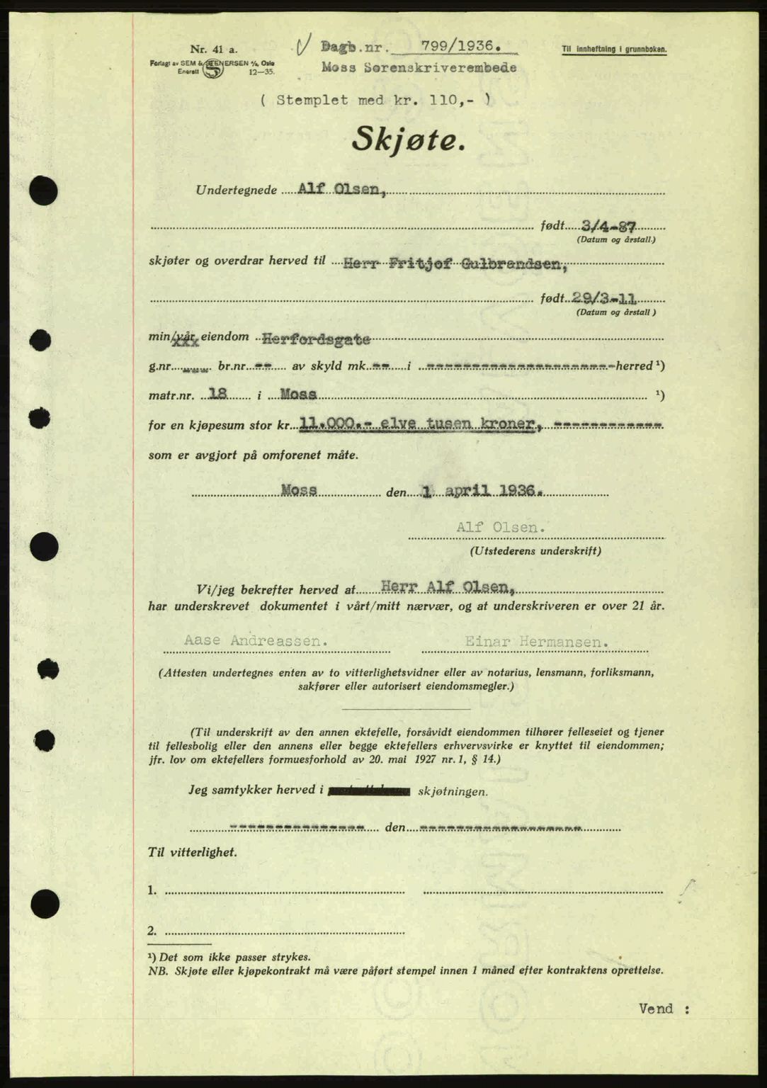 Moss sorenskriveri, SAO/A-10168: Pantebok nr. A1, 1936-1936, Dagboknr: 799/1936