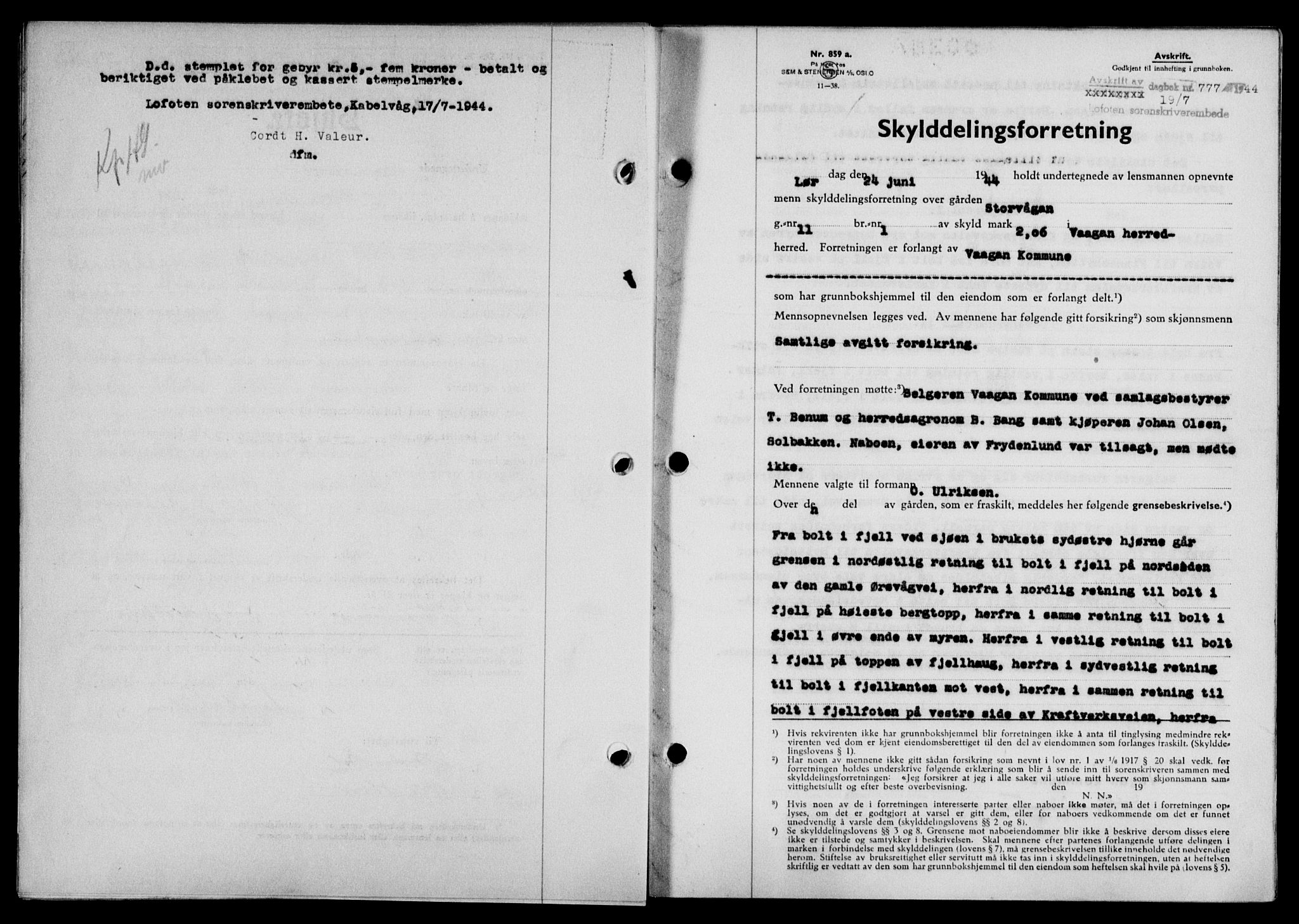 Lofoten sorenskriveri, SAT/A-0017/1/2/2C/L0012a: Pantebok nr. 12a, 1943-1944, Dagboknr: 777/1944