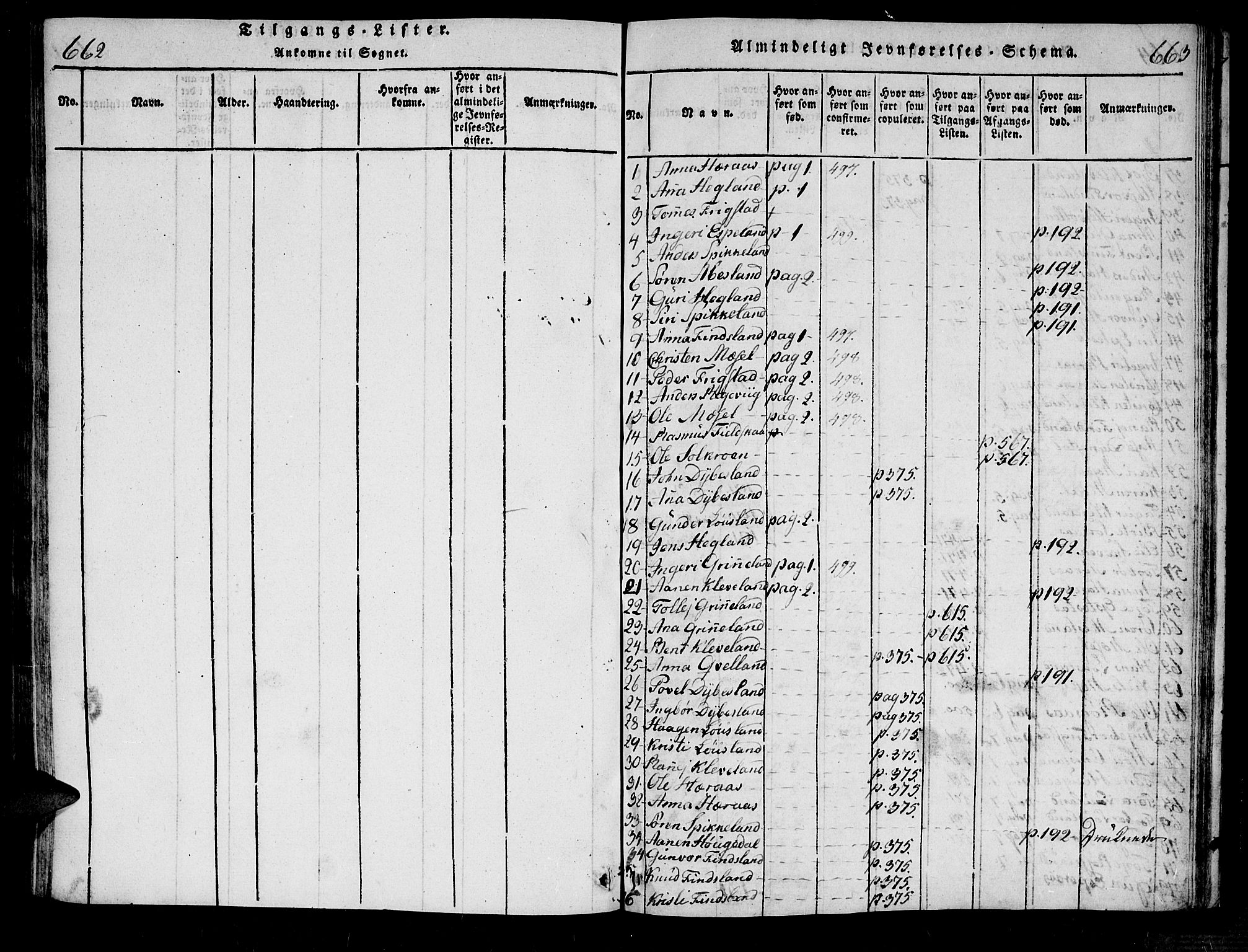 Bjelland sokneprestkontor, SAK/1111-0005/F/Fa/Fab/L0002: Ministerialbok nr. A 2, 1816-1869, s. 662-663