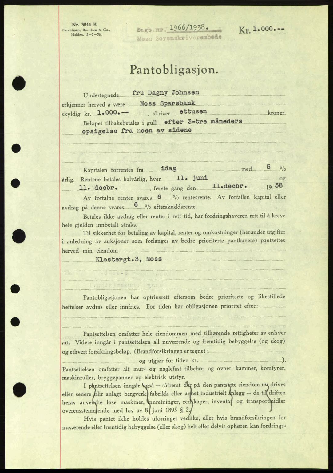 Moss sorenskriveri, SAO/A-10168: Pantebok nr. B6, 1938-1938, Dagboknr: 1966/1938