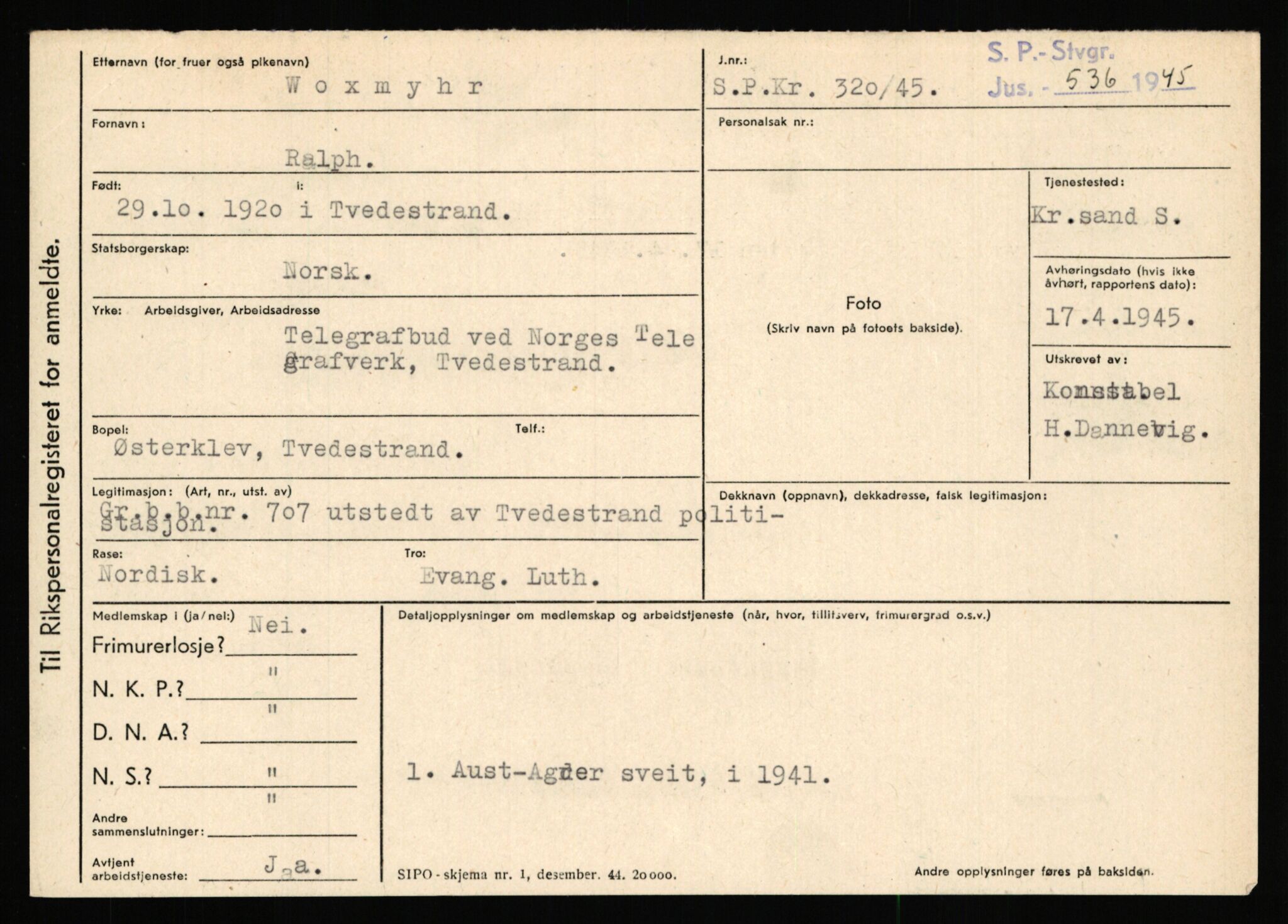 Statspolitiet - Hovedkontoret / Osloavdelingen, AV/RA-S-1329/C/Ca/L0016: Uberg - Øystese, 1943-1945, s. 3153