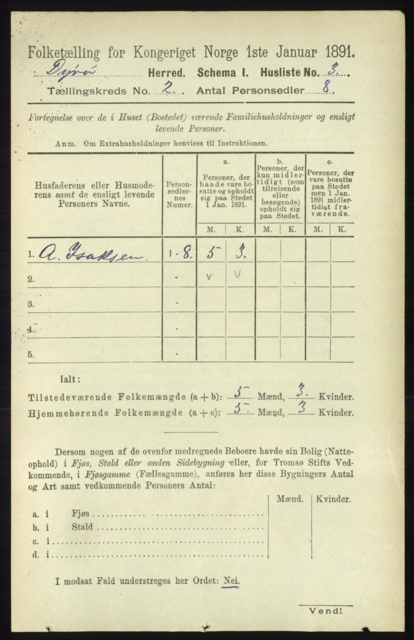 RA, Folketelling 1891 for 1926 Dyrøy herred, 1891, s. 455