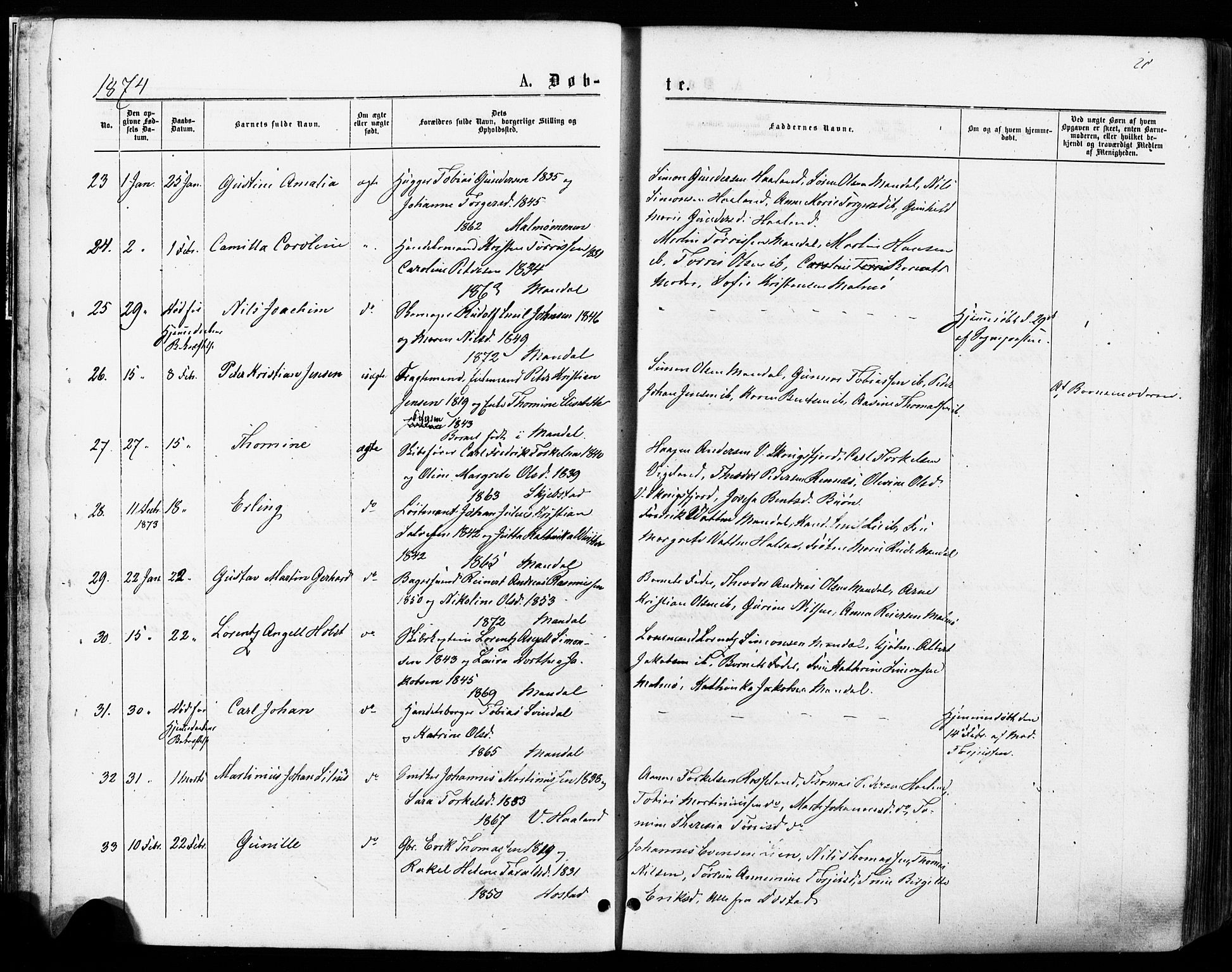Mandal sokneprestkontor, AV/SAK-1111-0030/F/Fa/Faa/L0015: Ministerialbok nr. A 15, 1873-1879, s. 20