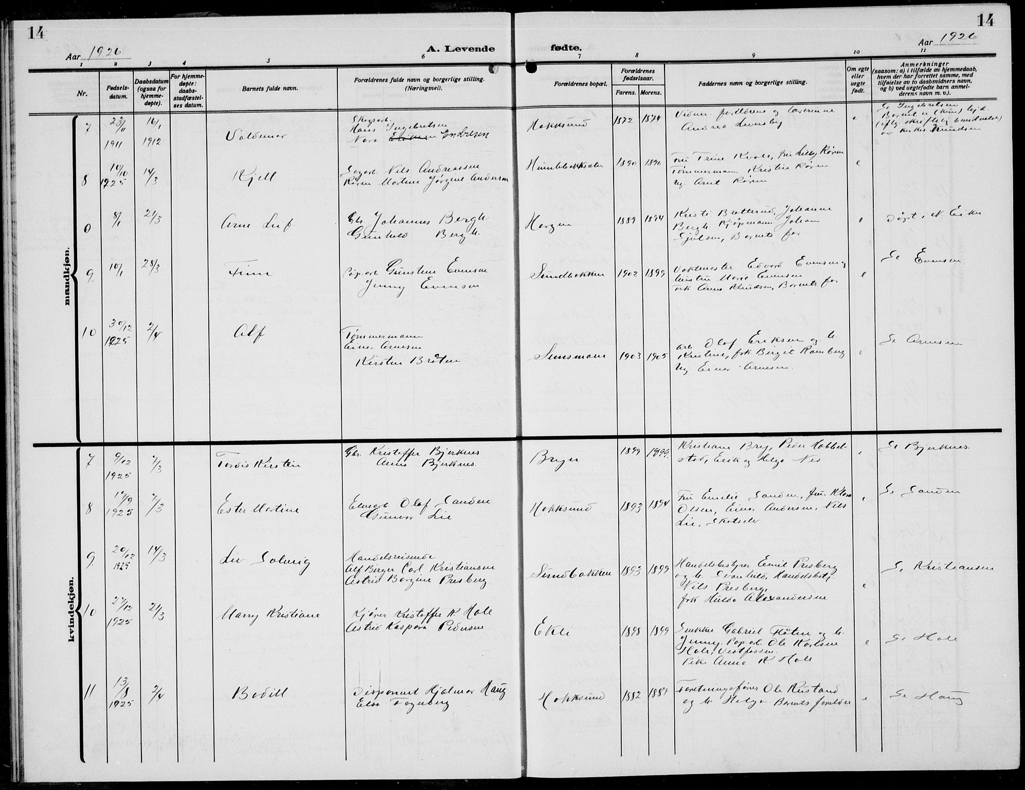 Eiker kirkebøker, AV/SAKO-A-4/G/Ga/L0010: Klokkerbok nr. I 10, 1925-1934, s. 14