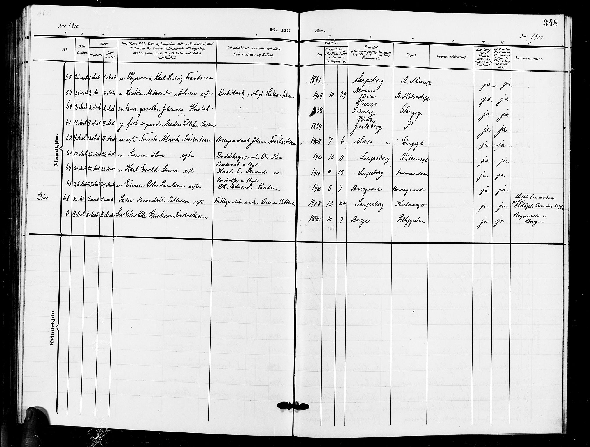 Sarpsborg prestekontor Kirkebøker, AV/SAO-A-2006/G/Ga/L0001: Klokkerbok nr. 1, 1902-1911, s. 348