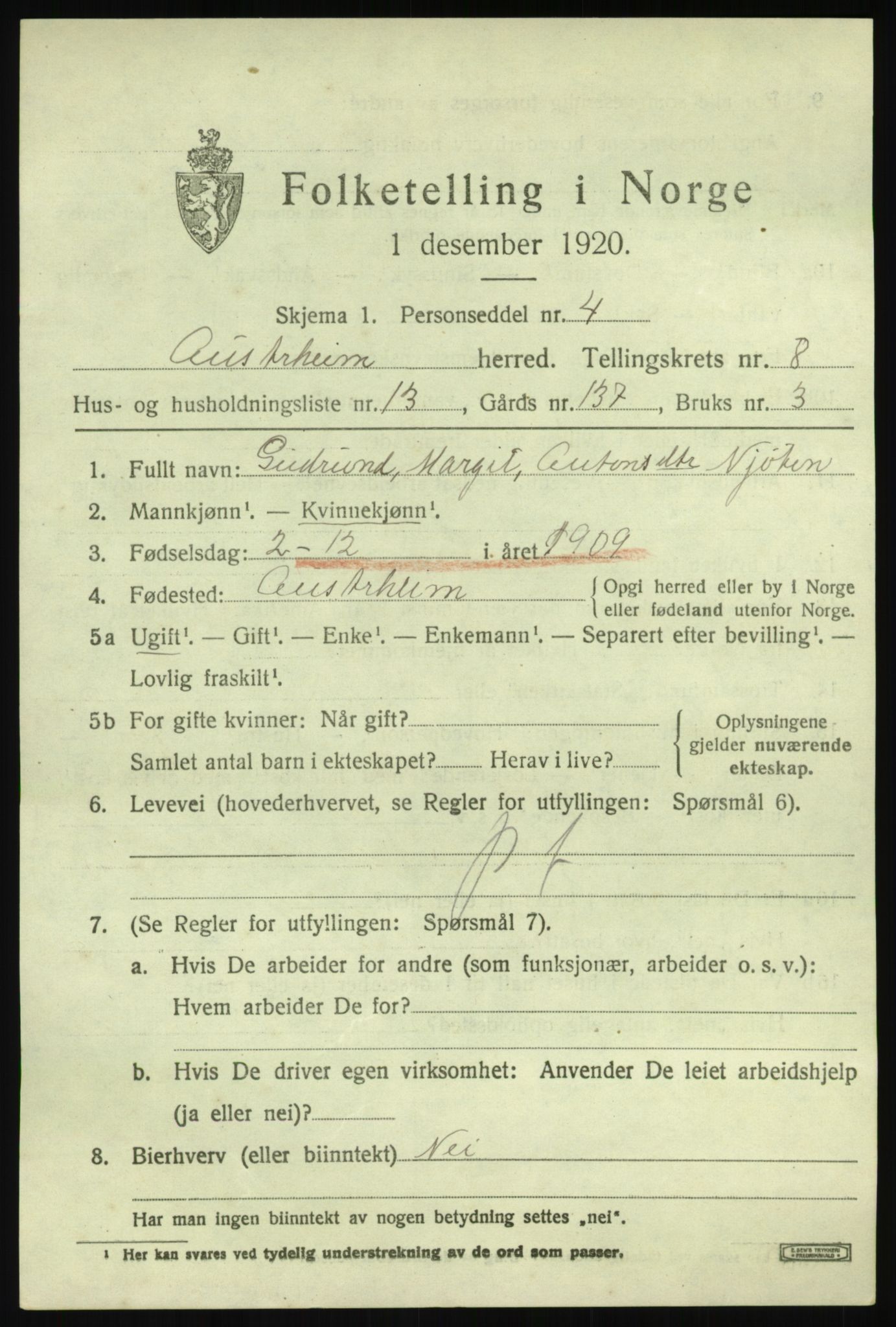 SAB, Folketelling 1920 for 1264 Austrheim herred, 1920, s. 3132