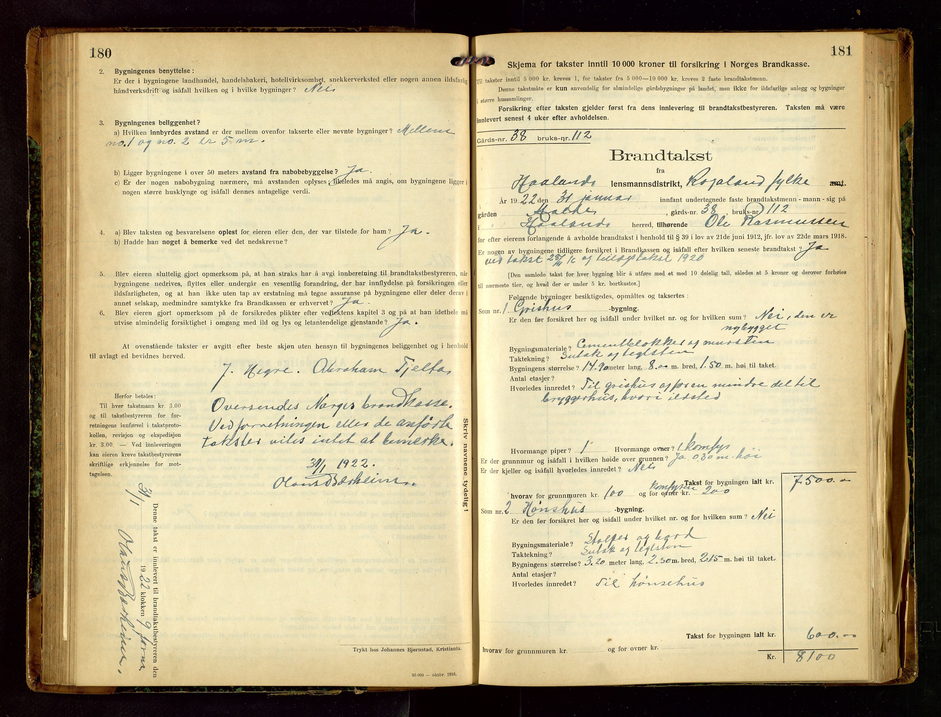 Håland lensmannskontor, AV/SAST-A-100100/Gob/L0007: Branntakstprotokoll - skjematakst. Register i boken., 1920-1925, s. 180-181