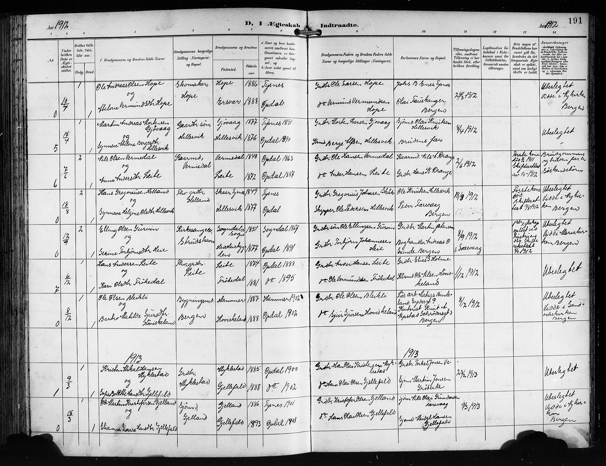 Tysnes sokneprestembete, AV/SAB-A-78601/H/Hab: Klokkerbok nr. E 3, 1897-1913, s. 191