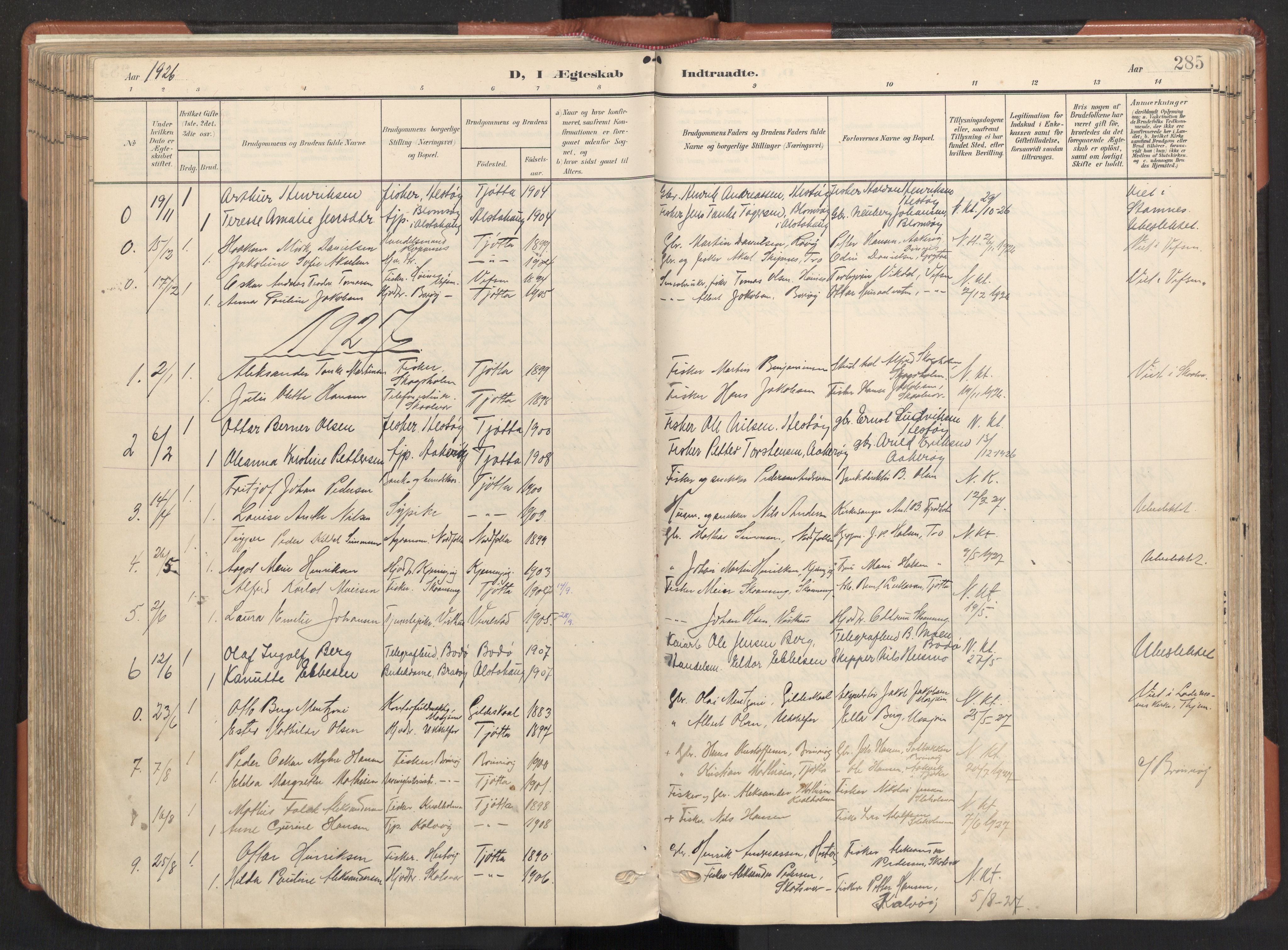 Ministerialprotokoller, klokkerbøker og fødselsregistre - Nordland, AV/SAT-A-1459/817/L0265: Ministerialbok nr. 817A05, 1908-1944, s. 285