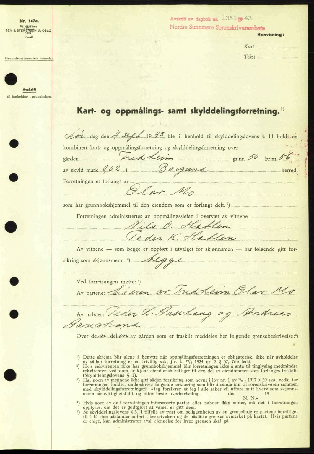 Nordre Sunnmøre sorenskriveri, SAT/A-0006/1/2/2C/2Ca: Pantebok nr. A16, 1943-1943, Dagboknr: 1351/1943