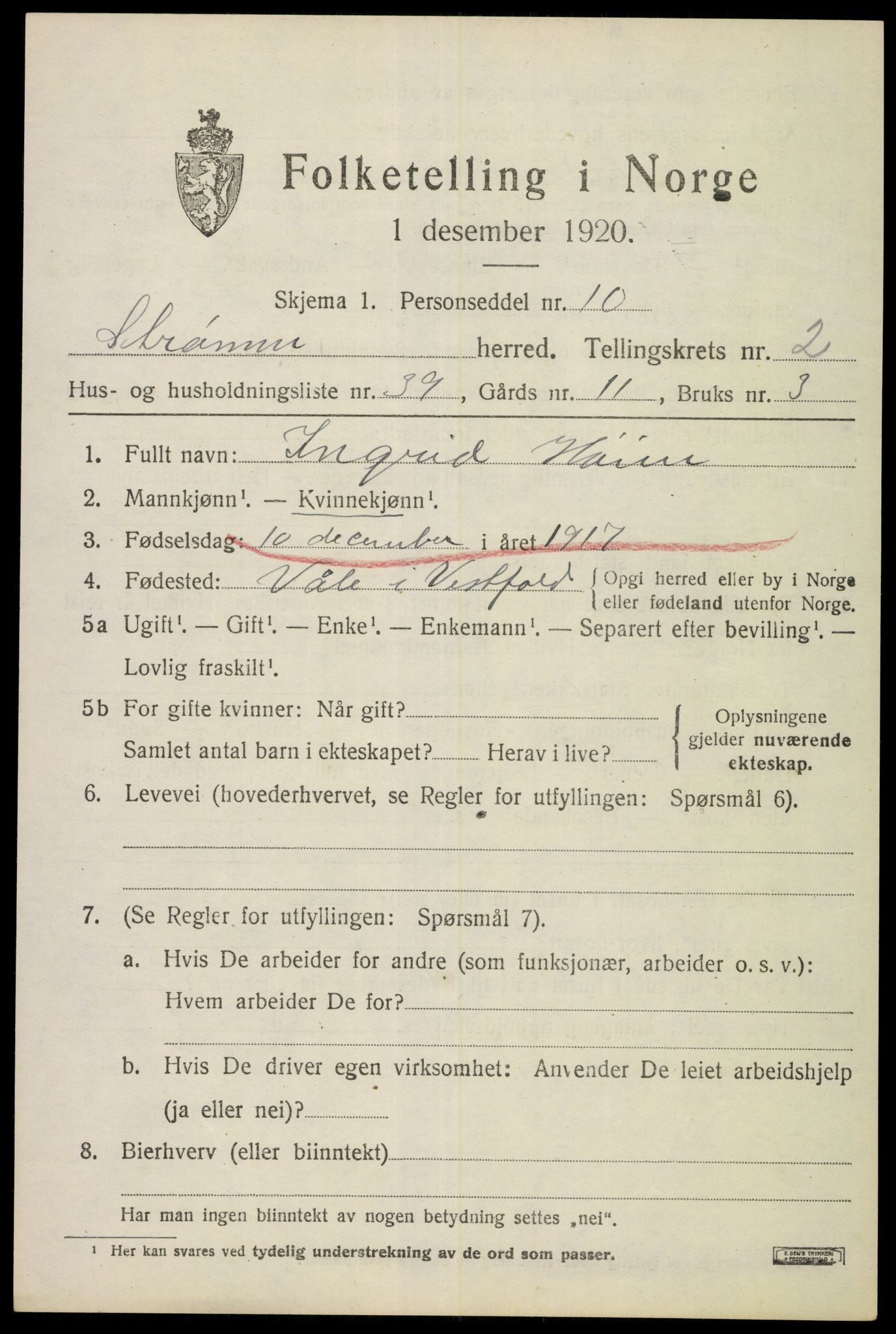 SAKO, Folketelling 1920 for 0711 Strømm herred, 1920, s. 1999