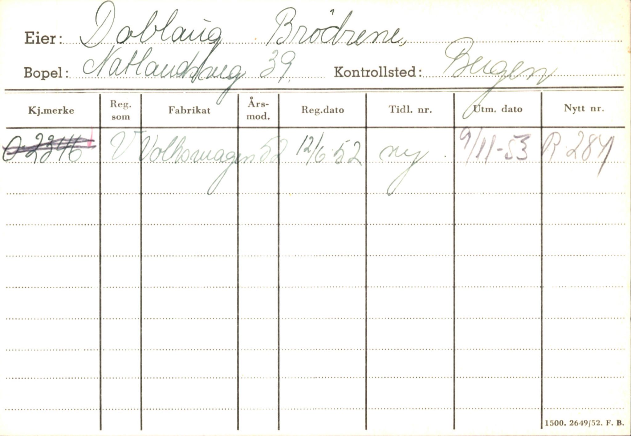 Statens vegvesen, Hordaland vegkontor, AV/SAB-A-5201/2/Hb/L0007: O-eierkort D-E, 1920-1971, s. 2