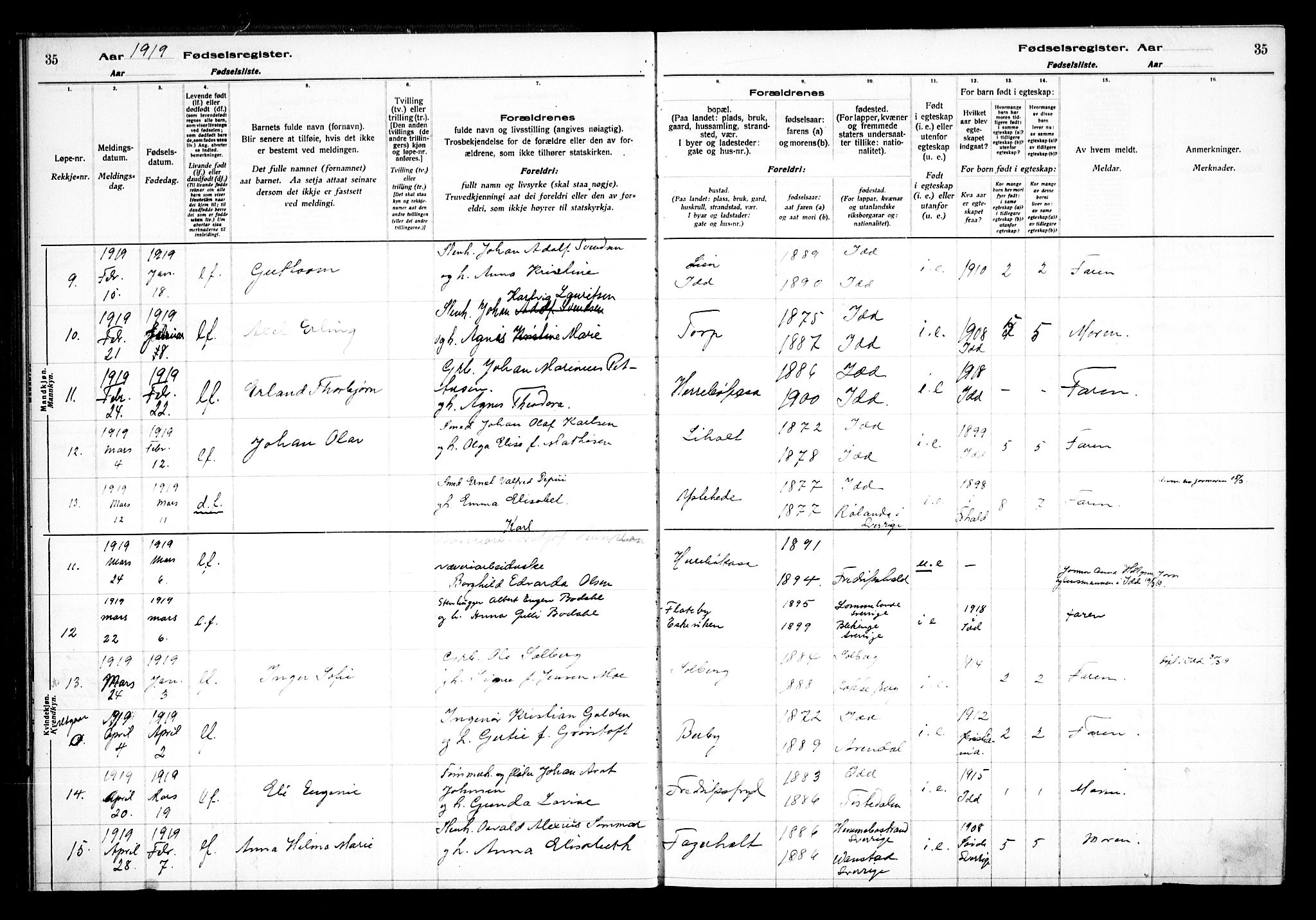 Idd prestekontor Kirkebøker, AV/SAO-A-10911/J/Ja/L0001: Fødselsregister nr. I 1, 1916-1937, s. 35