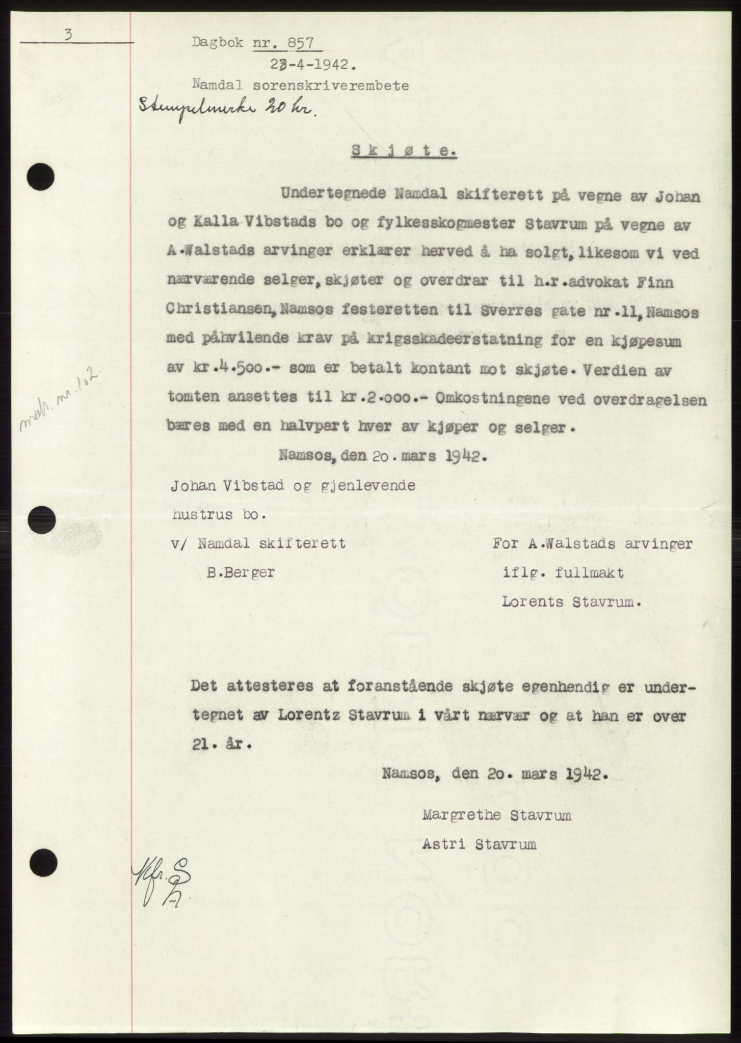 Namdal sorenskriveri, SAT/A-4133/1/2/2C: Pantebok nr. -, 1941-1942, Dagboknr: 857/1942