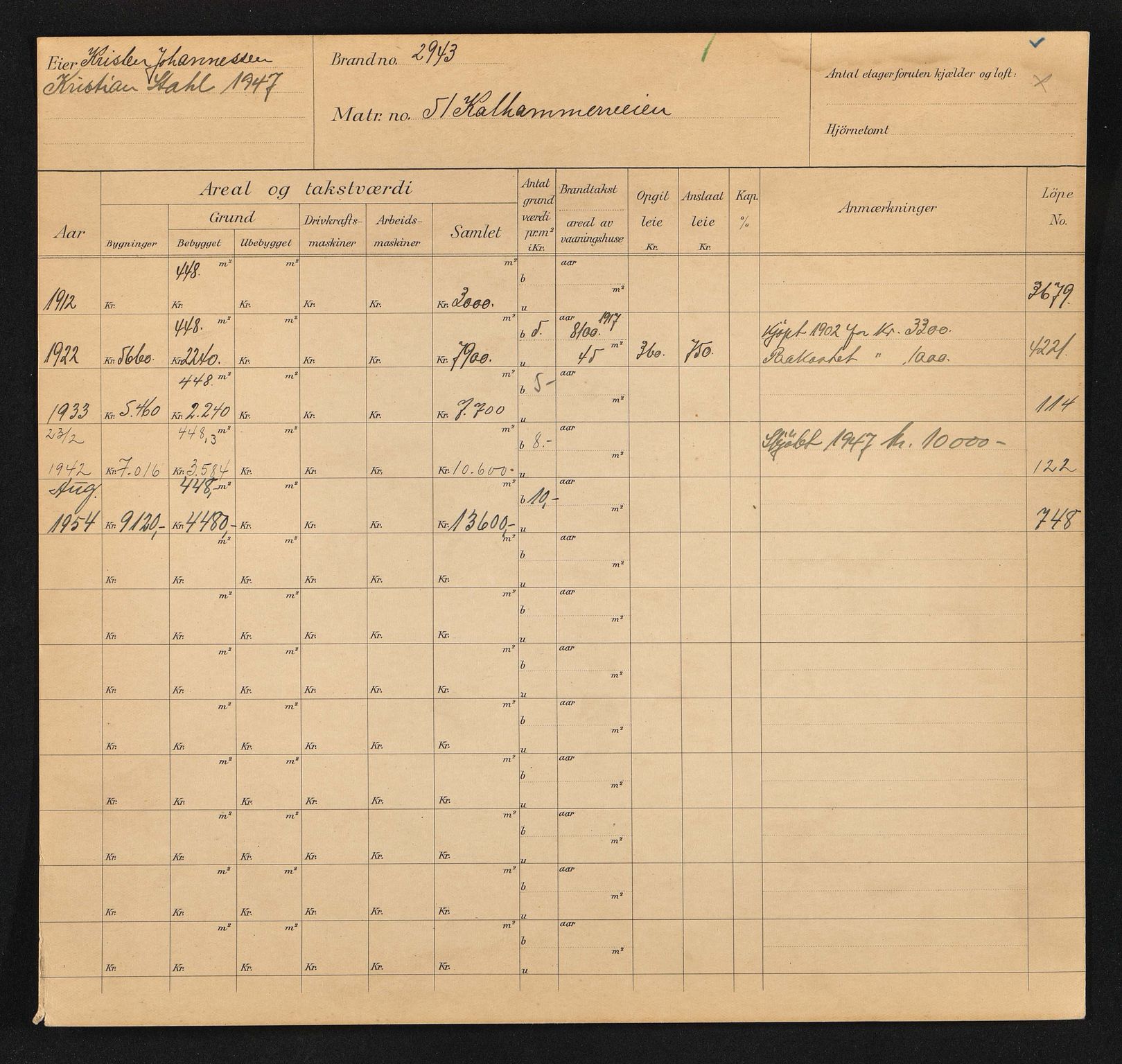 Stavanger kommune. Skattetakstvesenet, BYST/A-0440/F/Fa/Faa/L0022/0008: Skattetakstkort / Kalhammarveien 47 - Kampens plass - Kampensgata 7