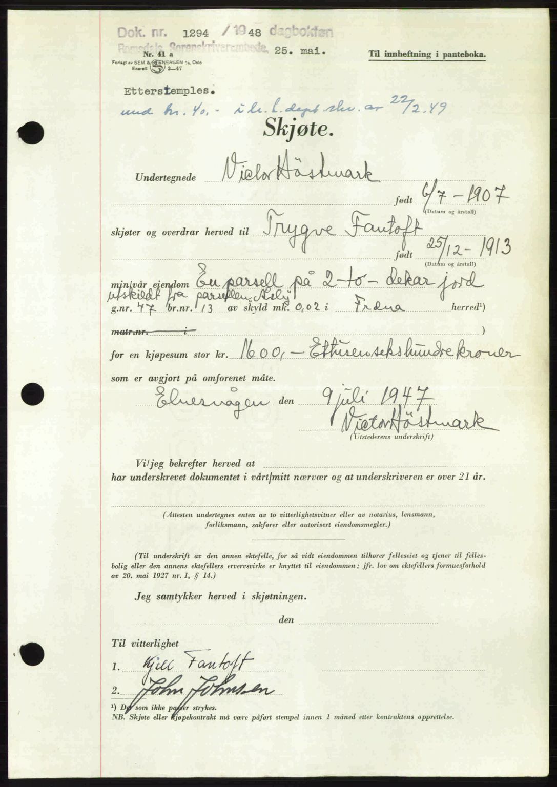 Romsdal sorenskriveri, AV/SAT-A-4149/1/2/2C: Pantebok nr. A26, 1948-1948, Dagboknr: 1294/1948