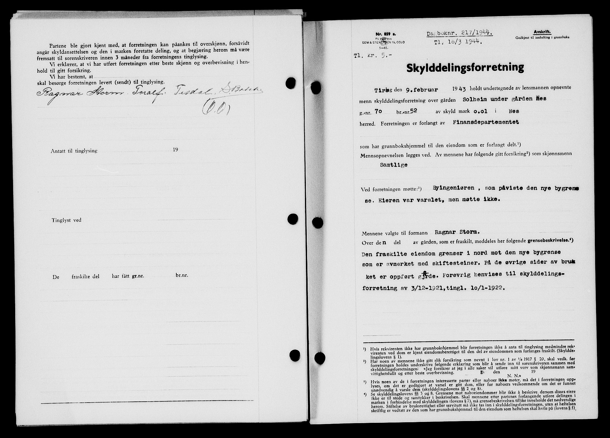Flekkefjord sorenskriveri, SAK/1221-0001/G/Gb/Gba/L0059: Pantebok nr. A-7, 1944-1945, Dagboknr: 217/1944