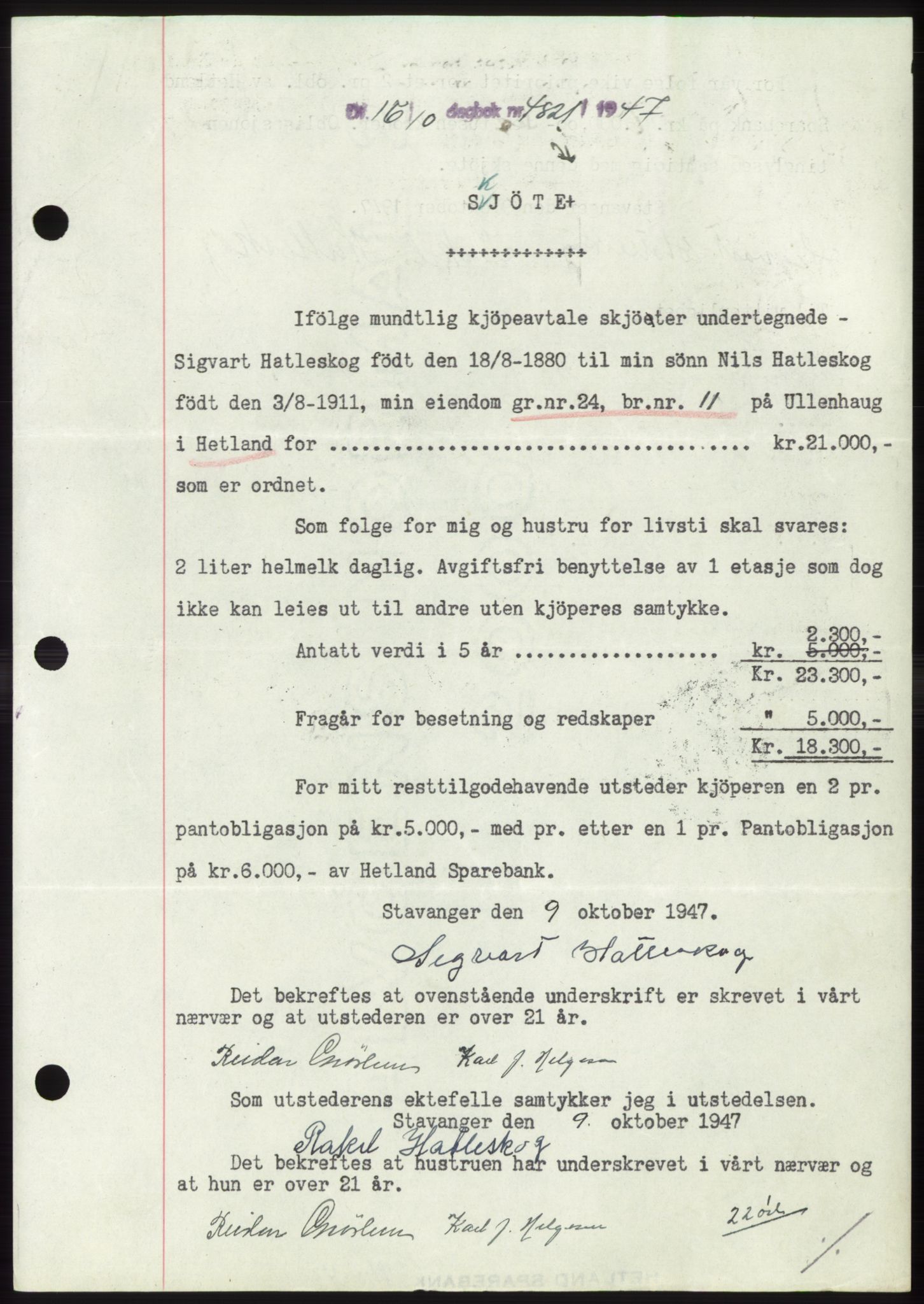 Jæren sorenskriveri, SAST/A-100310/03/G/Gba/L0096: Pantebok, 1947-1947, Dagboknr: 4821/1947