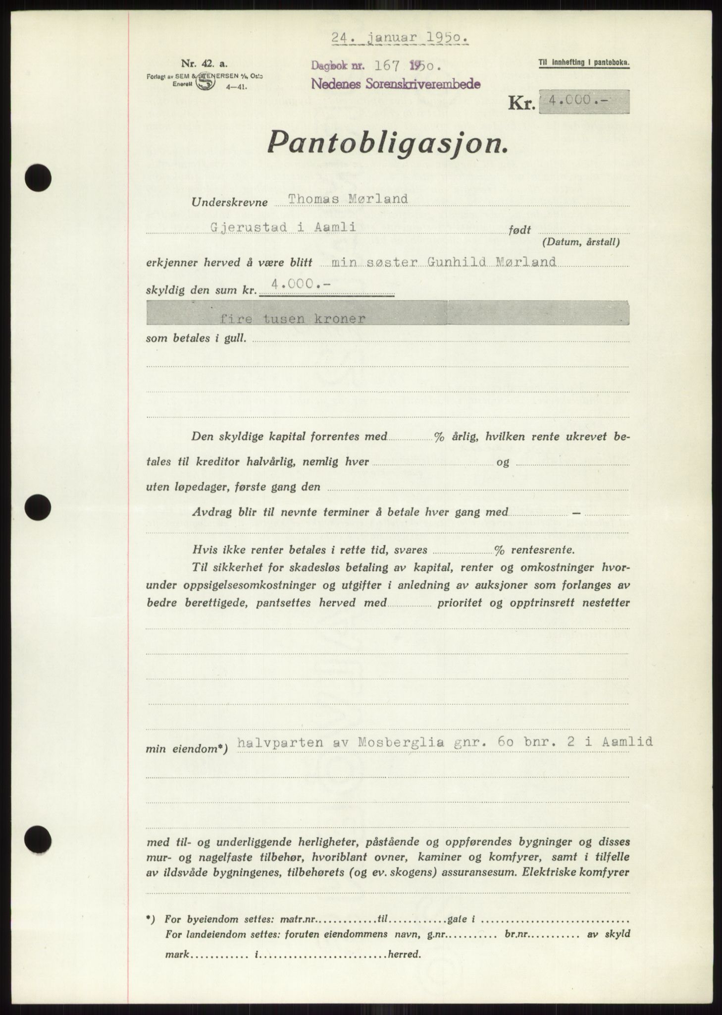 Nedenes sorenskriveri, SAK/1221-0006/G/Gb/Gbb/L0007: Pantebok nr. B7, 1949-1950, Dagboknr: 167/1950