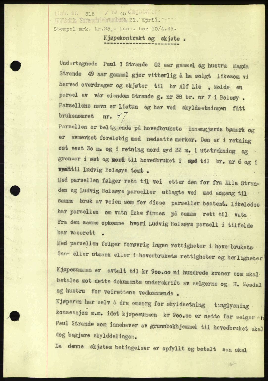 Romsdal sorenskriveri, SAT/A-4149/1/2/2C: Pantebok nr. A17, 1944-1945, Dagboknr: 515/1945