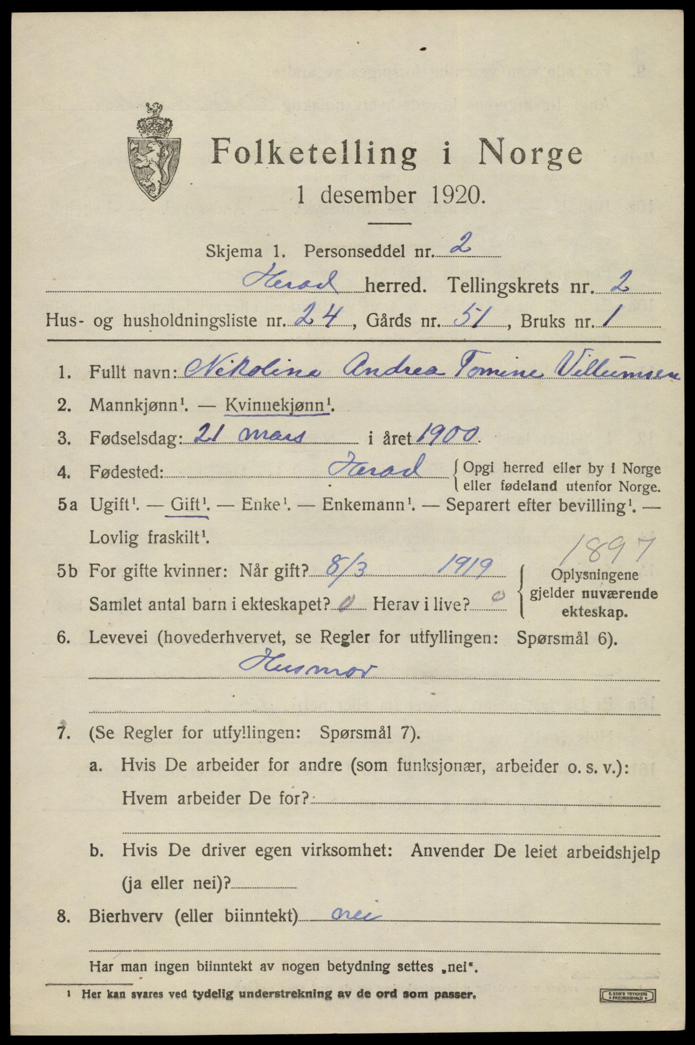 SAK, Folketelling 1920 for 1039 Herad herred, 1920, s. 1294