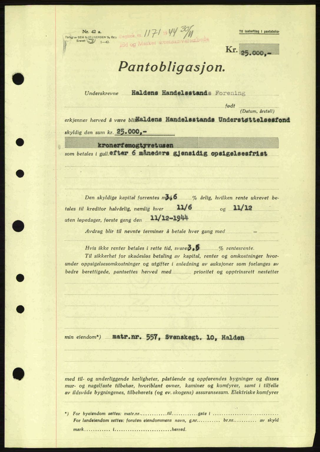 Idd og Marker sorenskriveri, AV/SAO-A-10283/G/Gb/Gbc/L0002: Pantebok nr. B4-9a, 1939-1945, Dagboknr: 1171/1944