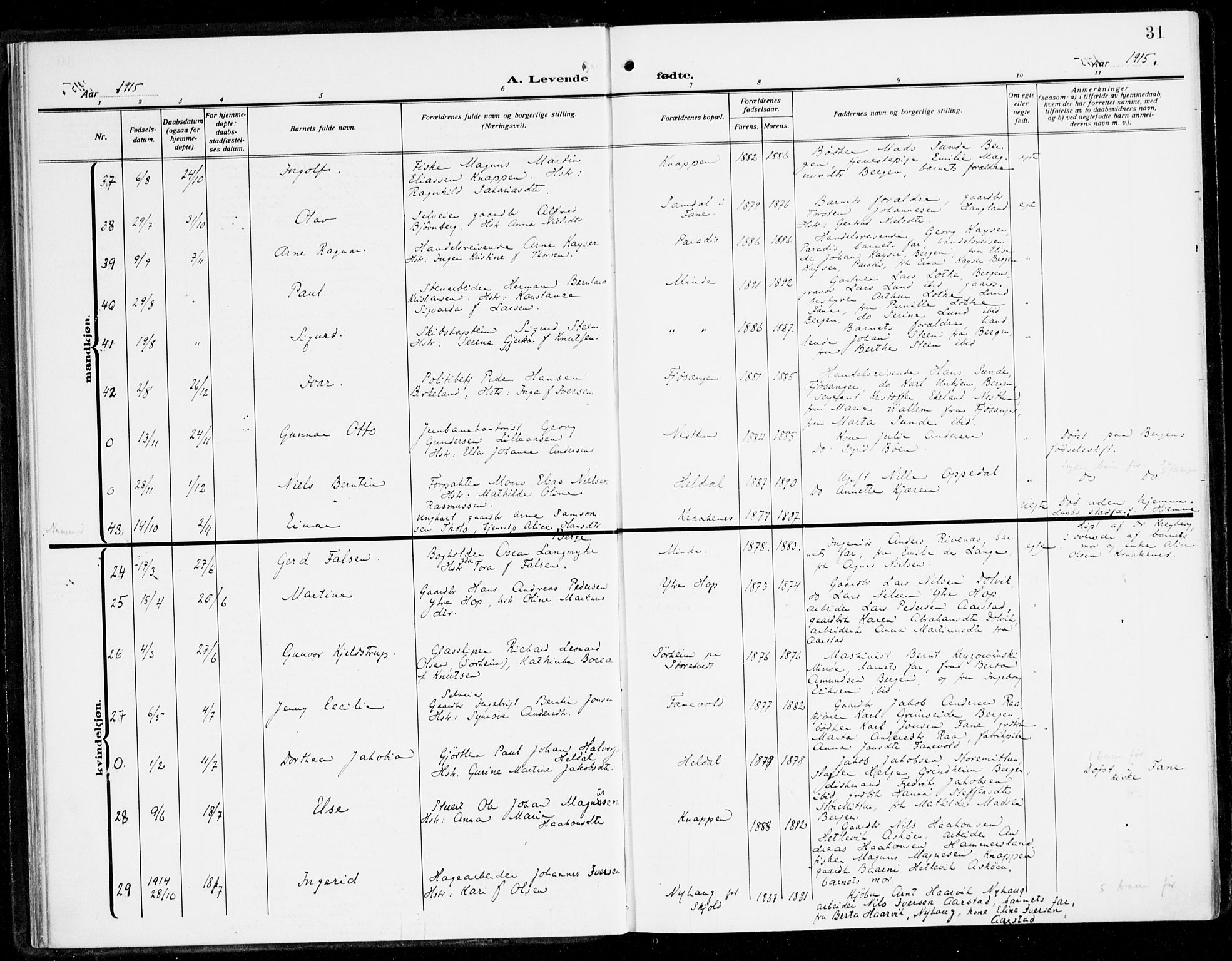 Fana Sokneprestembete, AV/SAB-A-75101/H/Haa/Haai/L0004: Ministerialbok nr. I 4, 1912-1933, s. 31