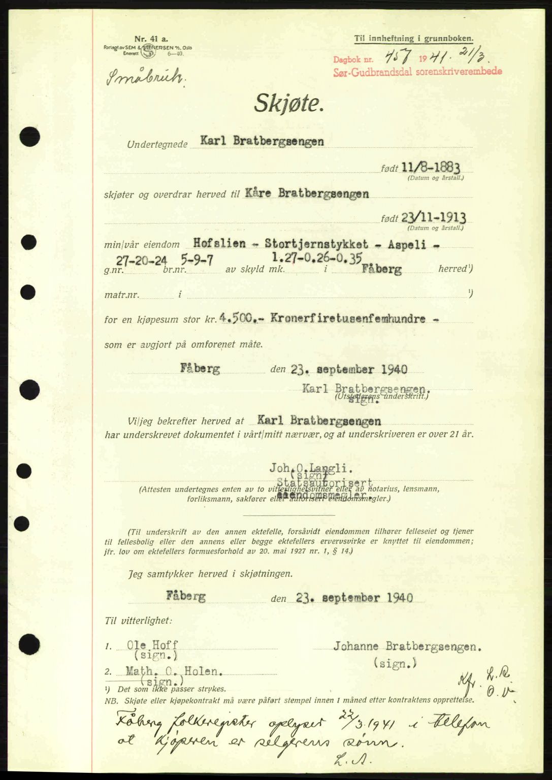Sør-Gudbrandsdal tingrett, SAH/TING-004/H/Hb/Hbd/L0008: Pantebok nr. A8, 1940-1941, Dagboknr: 457/1941