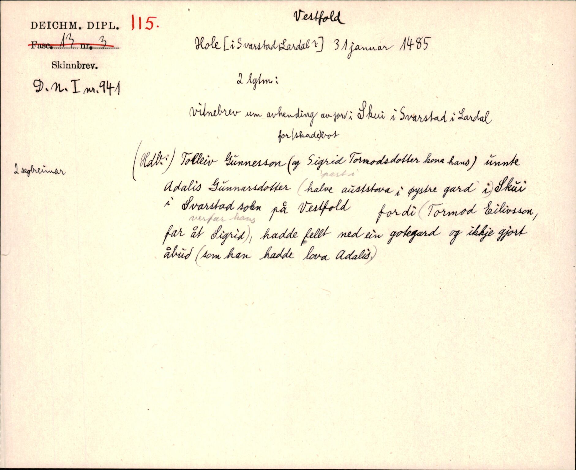 Riksarkivets diplomsamling, AV/RA-EA-5965/F35/F35j/L0001: Regestsedler: Deichmanske diplomer nr. 1-450, s. 241