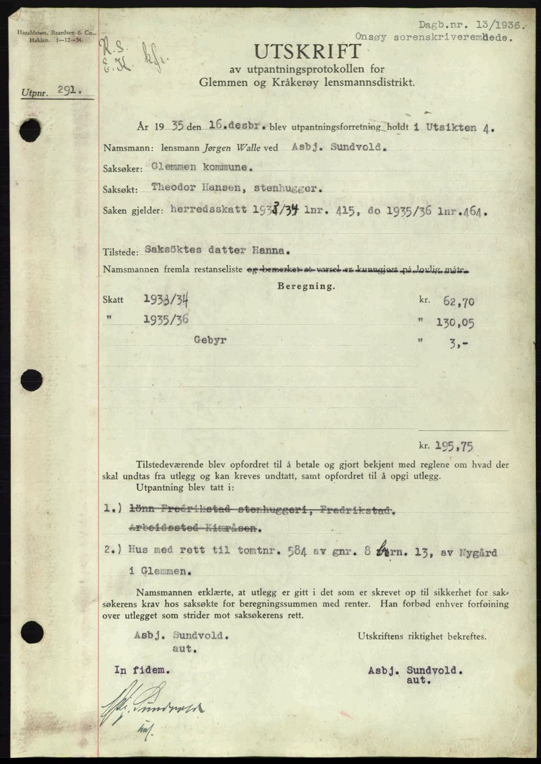 Onsøy sorenskriveri, SAO/A-10474/G/Ga/Gac/L0001: Pantebok nr. B1, 1936-1938, Dagboknr: 13/1936