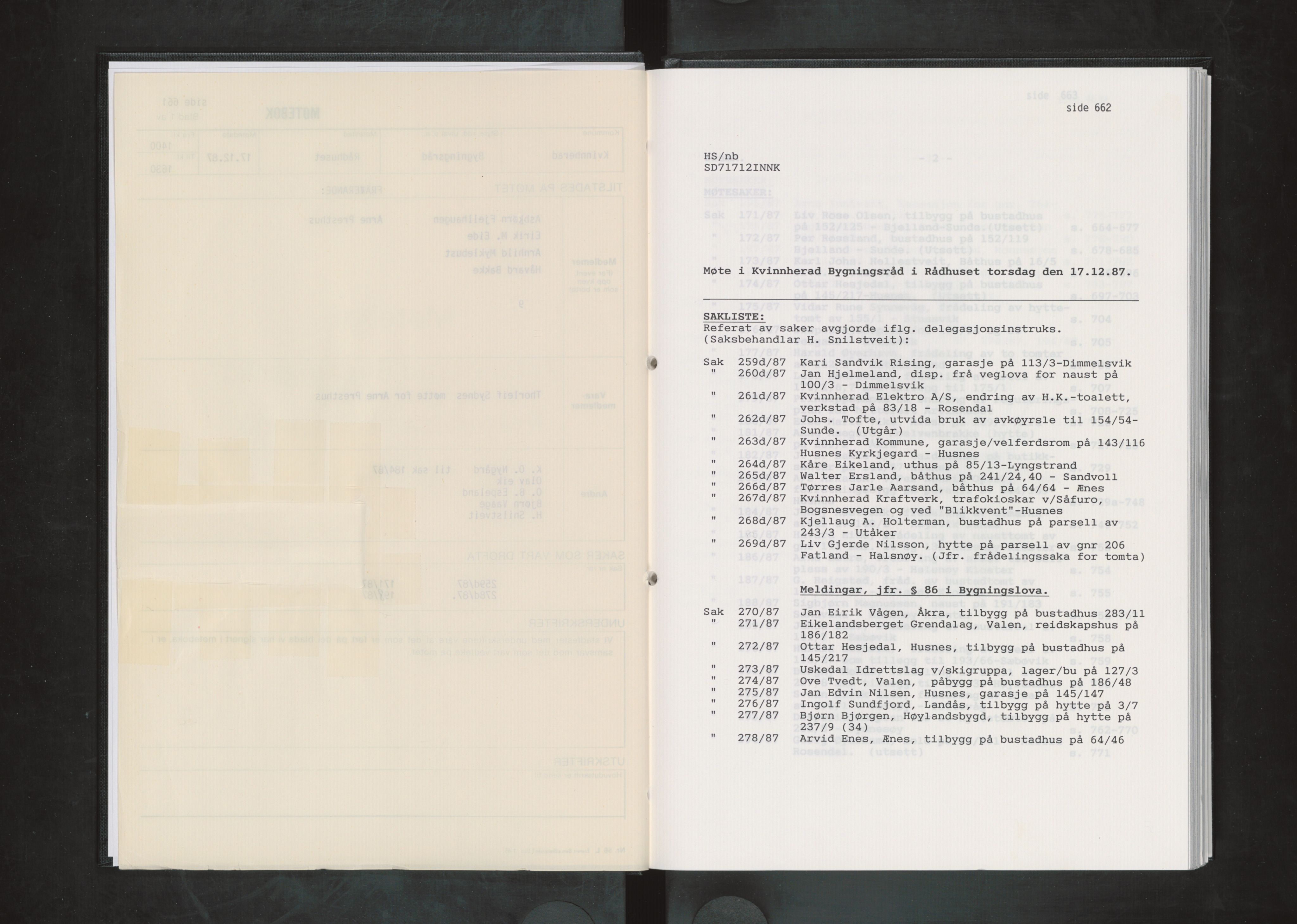 Kvinnherad kommune. Bygningsrådet , IKAH/1224-511/A/Aa/L0055: Møtebok for Kvinnherad bygningsråd, 1987