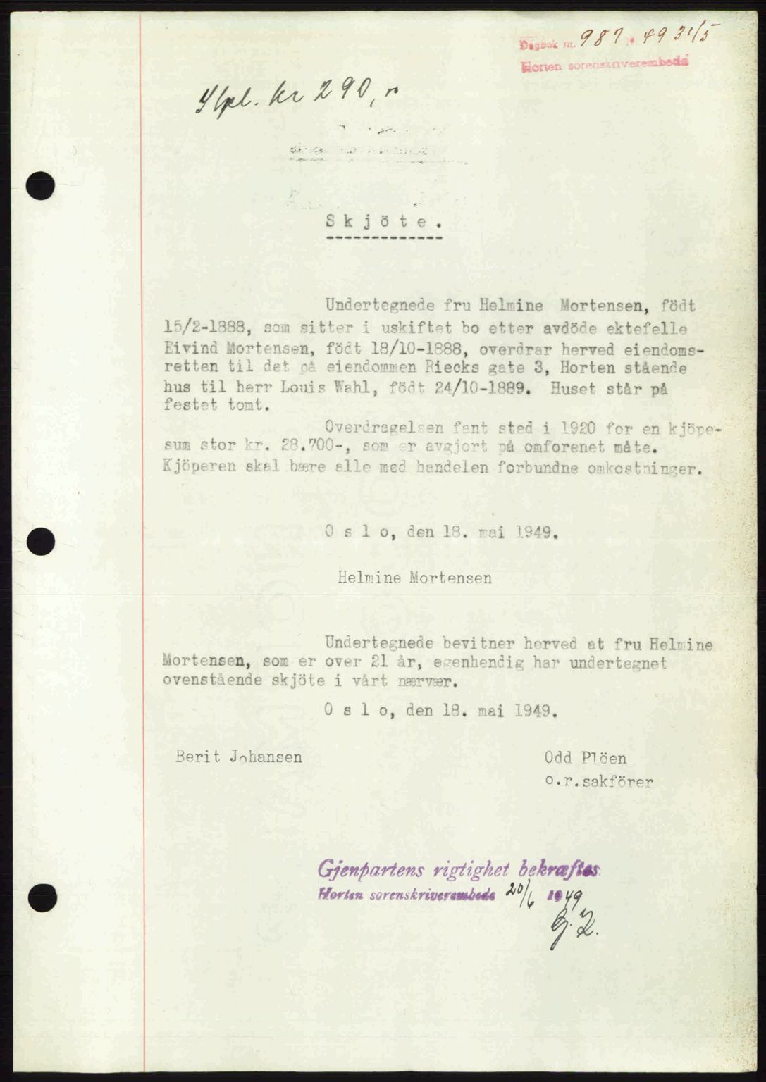 Horten sorenskriveri, SAKO/A-133/G/Ga/Gaa/L0012: Pantebok nr. A-12, 1949-1949, Dagboknr: 987/1949