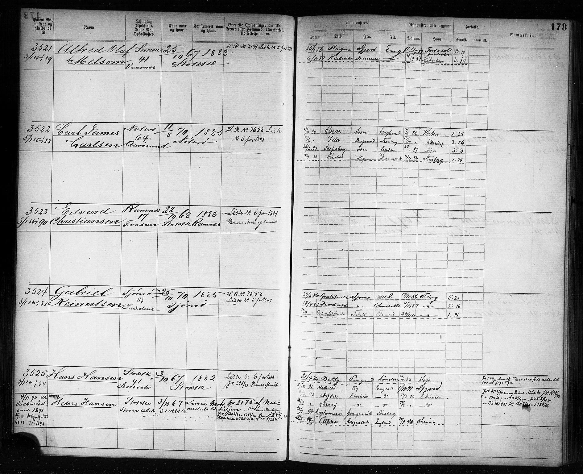 Tønsberg innrulleringskontor, SAKO/A-786/F/Fb/L0007: Annotasjonsrulle Patent nr. 2636-5150, 1881-1892, s. 179