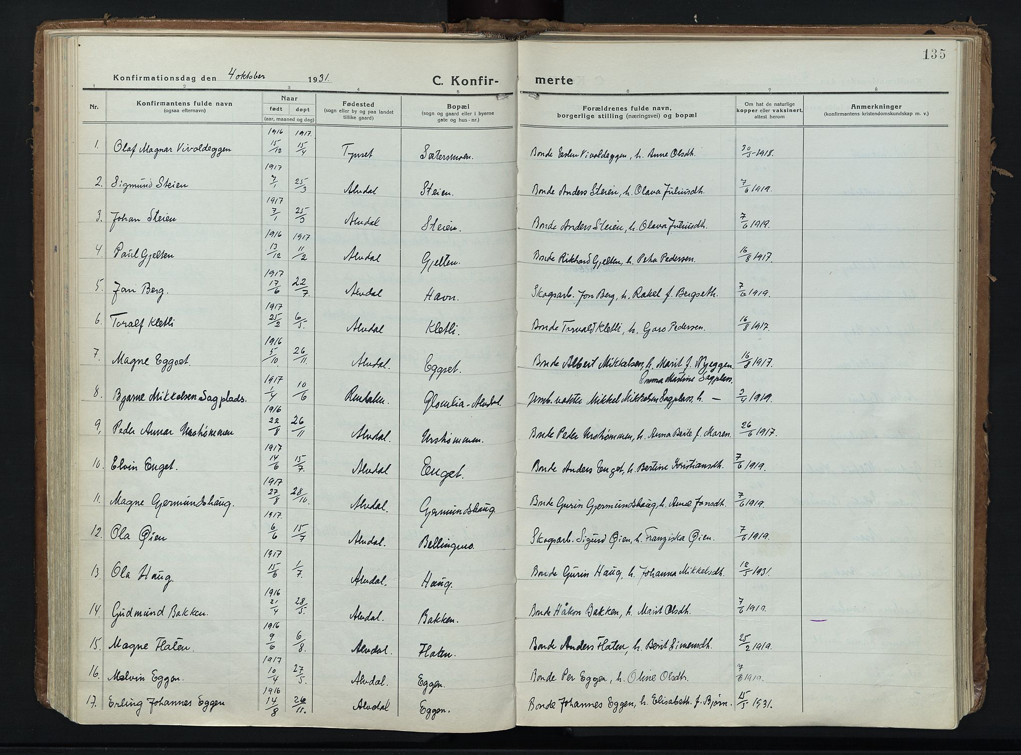 Alvdal prestekontor, AV/SAH-PREST-060/H/Ha/Haa/L0006: Ministerialbok nr. 6, 1920-1937, s. 135