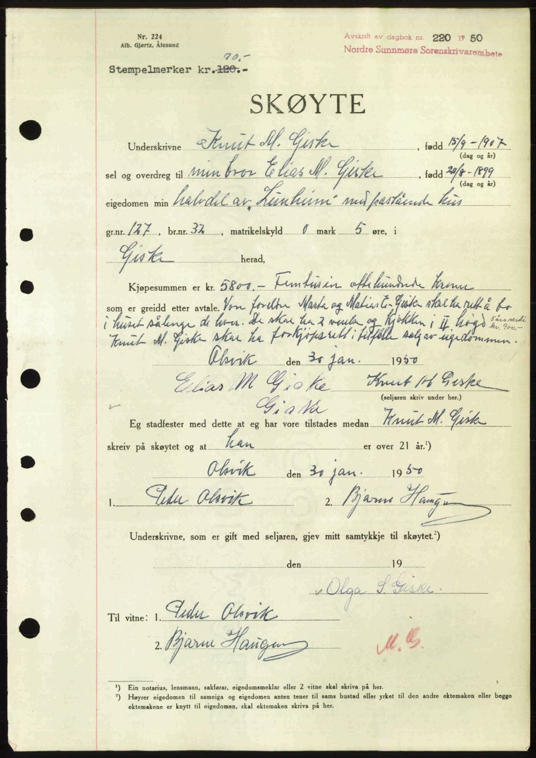 Nordre Sunnmøre sorenskriveri, AV/SAT-A-0006/1/2/2C/2Ca: Pantebok nr. A33, 1949-1950, Dagboknr: 220/1950