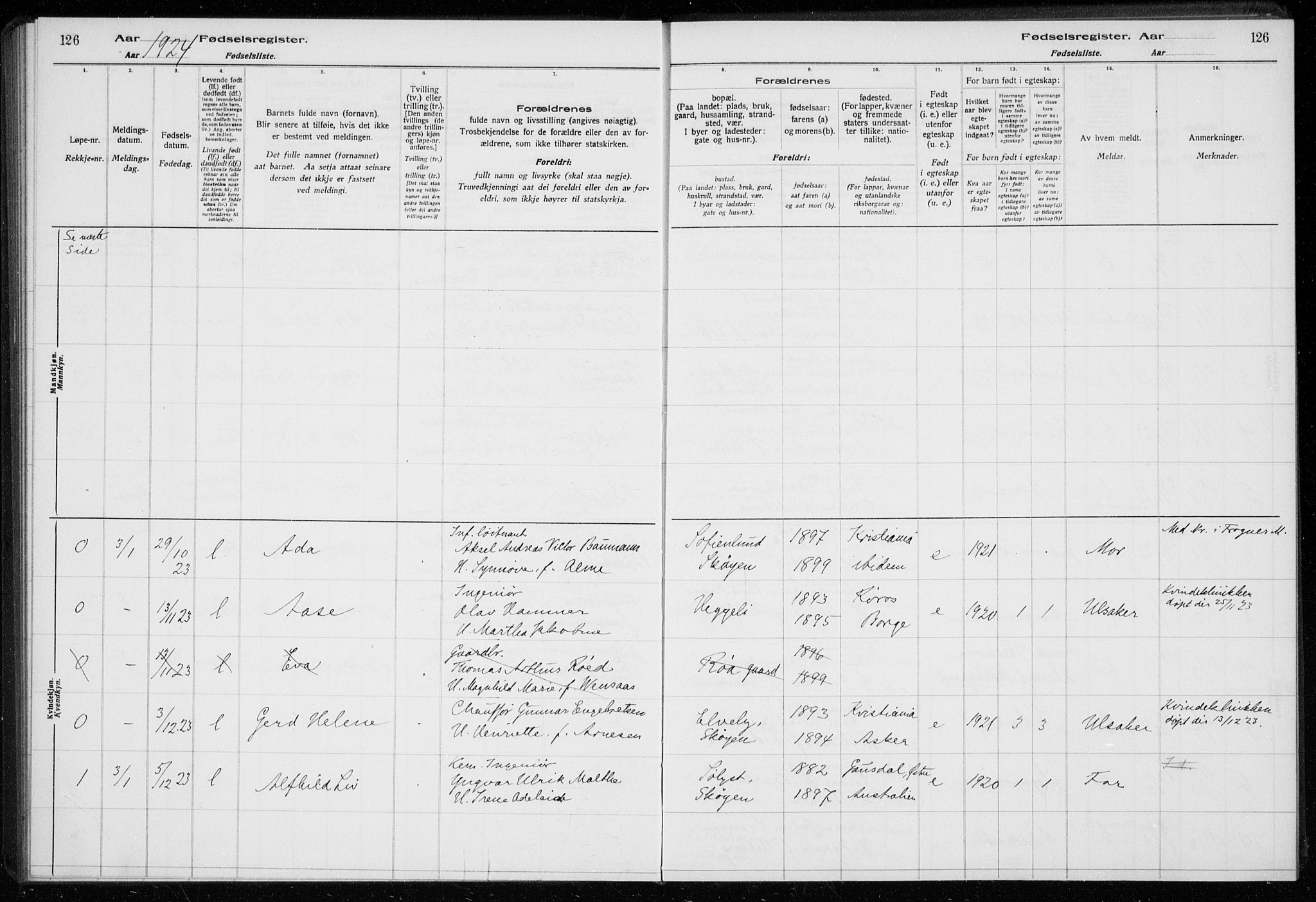 Ullern prestekontor Kirkebøker, SAO/A-10740/J/L0001: Fødselsregister nr. 1, 1916-1928, s. 126